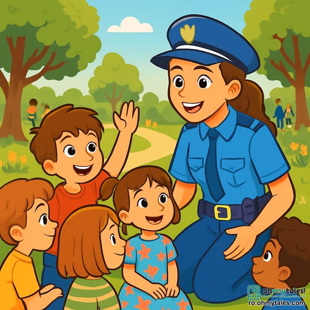 O tânără, Mara, poartă un uniformă de poliție albastră strălucitoare, cu o curea plină de unelte. Are un zâmbet cald și ochi strălucitori de excitație, în timp ce se apleacă lângă un grup de cinci copii curioși. Printre ei, un băiat de 8 ani, cu părul brun zbârlit și un tricou roșu, ridică mâna pentru a pune o întrebare. Lângă el, o fetiță de 7 ani, cu codițe și o rochie cu flori, o privește pe Mara cu ochi uimiți. Scena se desfășoară într-un parc însorit, plin de arbori verzi luxurianți și flori colorate. Copiii se joacă în depărtare, în timp ce familiile se plimbă pe poteci. Mara explică cu entuziasm rolul ei de polițistă, înconjurată de copii captivați de poveștile ei, creând o atmosferă veselă și captivantă.
