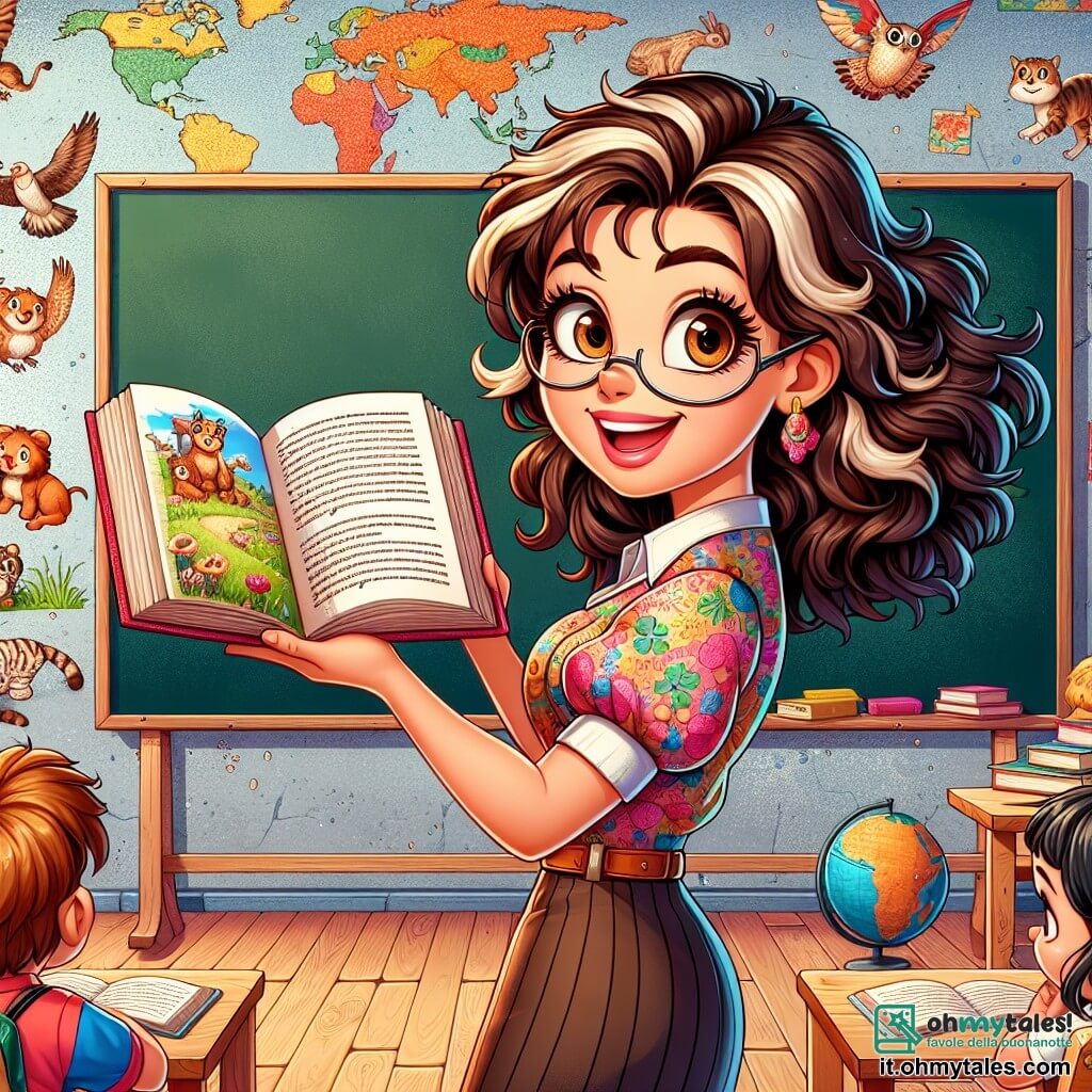 La scena mostra Sofia, una giovane donna dai capelli castani e ricci, che indossa una camicia colorata e un sorriso radioso sul volto. È in piedi davanti a una lavagna nera, tenendo un grande libro illustrato aperto, con gli occhi che brillano di entusiasmo mentre legge ad alta voce. Accanto a lei c'è Marco, un ragazzo di 8 anni con capelli crespi e un grande sorriso, che l'ascolta attentamente, gli occhi spalancati per meraviglia. Più lontano, Giulia, una ragazza di 7 anni con occhiali colorati e trecce, alza la mano per fare una domanda, il volto illuminato dalla curiosità. L'illustrazione si svolge in un'aula luminosa, con pareti dipinte di colori vivaci, disegni di animali e mappe del mondo appese, e una grande lavagna nera sullo sfondo. Libri e materiale scolastico sono sparsi sui tavoli di legno. La situazione principale mostra Sofia che cattura l'attenzione dei suoi alunni facendoli vivere un viaggio immaginario attraverso le pagine del suo libro, mentre i bambini, meravigliati, si immaginano in mondi fantastici.