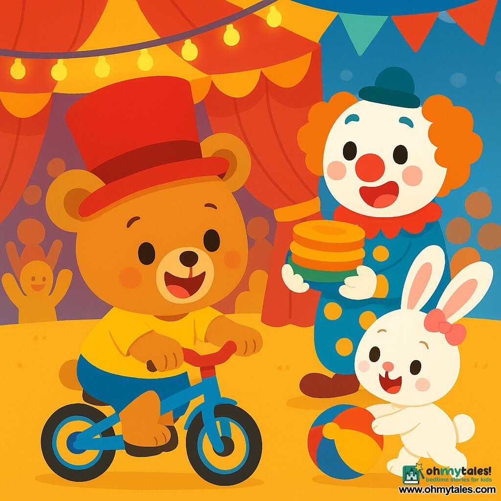A teddy bear named Benny, wearing a large red hat and a joyful smile, is on a small bike. His eyes shine with excitement as he tries to keep his balance. Next to him, a rabbit named Rosie, with long soft ears, is rolling a ball with her nose, laughing enthusiastically. She has bright white fur and wears a small pink bow on her head. A clown named Coco, with a white-painted face and a big red nose, holds a stack of colorful pies. He looks surprised and amused, just behind Benny, ready to make a joke. The setting is a vibrant circus scene, adorned with sparkling lights and colorful banners, with a cheerful audience in the background. The main situation shows Benny pedaling on his small bike, trying not to fall, while the other characters laugh and have fun around him in a festive and joyful atmosphere.