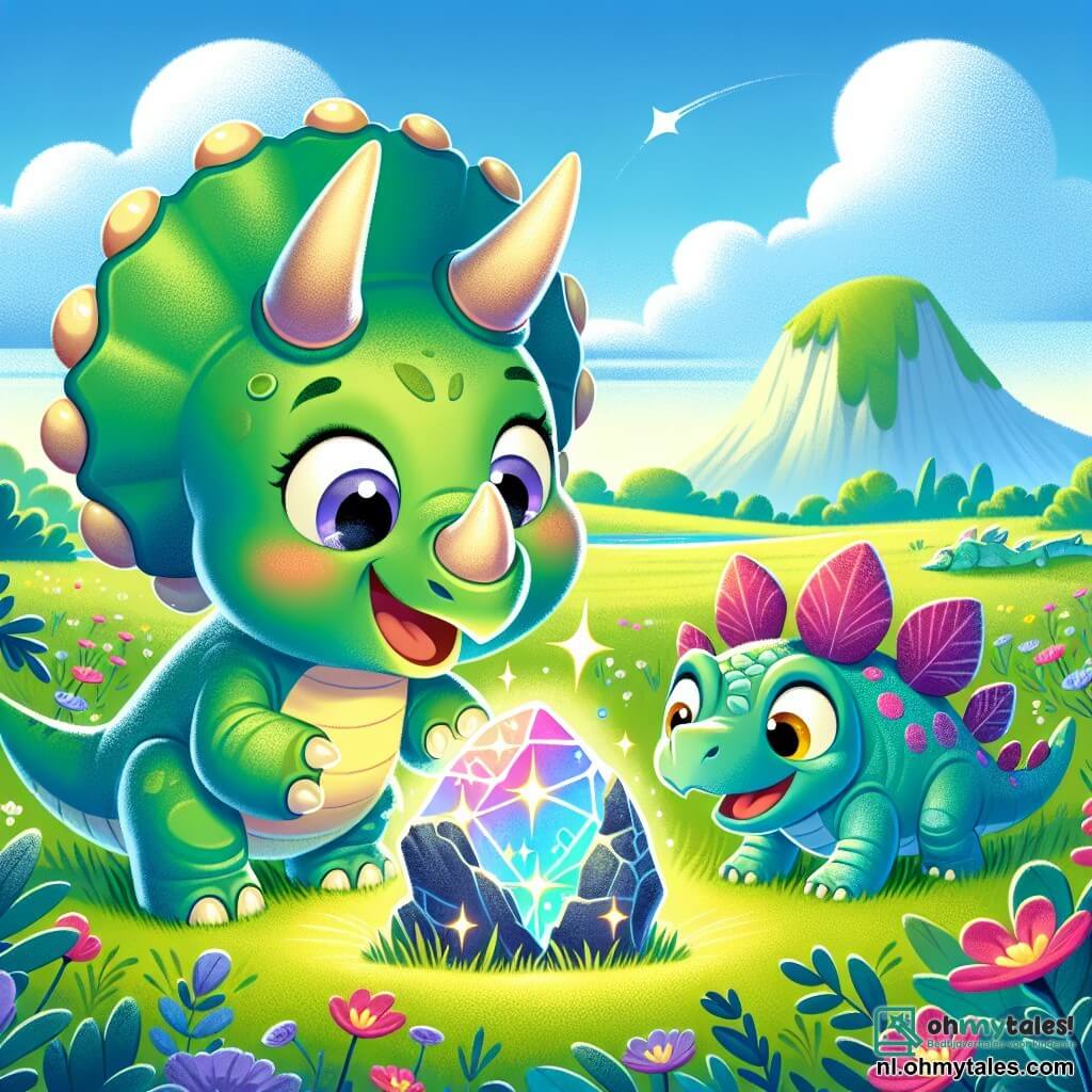 Een triceratops genaamd Trix, met een glanzende groene huid en drie grote hoorns op haar hoofd, toont een blije nieuwsgierigheid terwijl ze een magische steen onderzoekt die in het gras schittert. Naast haar kijkt haar vriend Stegosaurus, Stekkie, met een blauwachtige huid en roze platen op zijn rug, verwonderd naar de steen, zijn ronde ogen vol opwinding. Ze bevinden zich in een uitgestrekte groene prairie, bezaaid met kleurrijke bloemen die dansen in de wind, en in de verte staat een grote berg onder een stralende blauwe lucht. De scène toont Trix en Stekkie, betoverd door de mysterieuze steen die fonkelende lichten uitstraalt, klaar om op avontuur te gaan naar een onbekende plek.