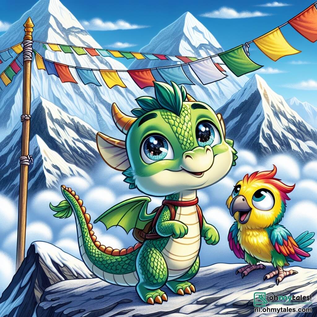 Fladder, een kleine draak met glanzende groene schubben en nieuwsgierige ogen, staat op de majestueuze Mount Everest, met zijn vleugels uitgespreid en een glimlach op zijn gezicht, verwonderd door het spectaculaire uitzicht voor hem. Naast hem vliegt Kiki, een blije papegaai met kleurrijke veren, met een ondeugende blik en een enthousiaste uitstraling, om Fladder heen en wijst met haar snavel naar de kleurrijke vlaggen die in de wind wapperen. Het landschap is adembenemend: besneeuwde toppen schitteren in de zon, terwijl witte wolken lijken op zachte kussens beneden. De frisse, zuivere lucht en een lichte bries laten de vlaggen dansen. Fladder en Kiki, vol verwondering, bewonderen de schoonheid van de wereld om hen heen en vieren hun vriendschap en avontuur op de hoogste berg ter wereld.