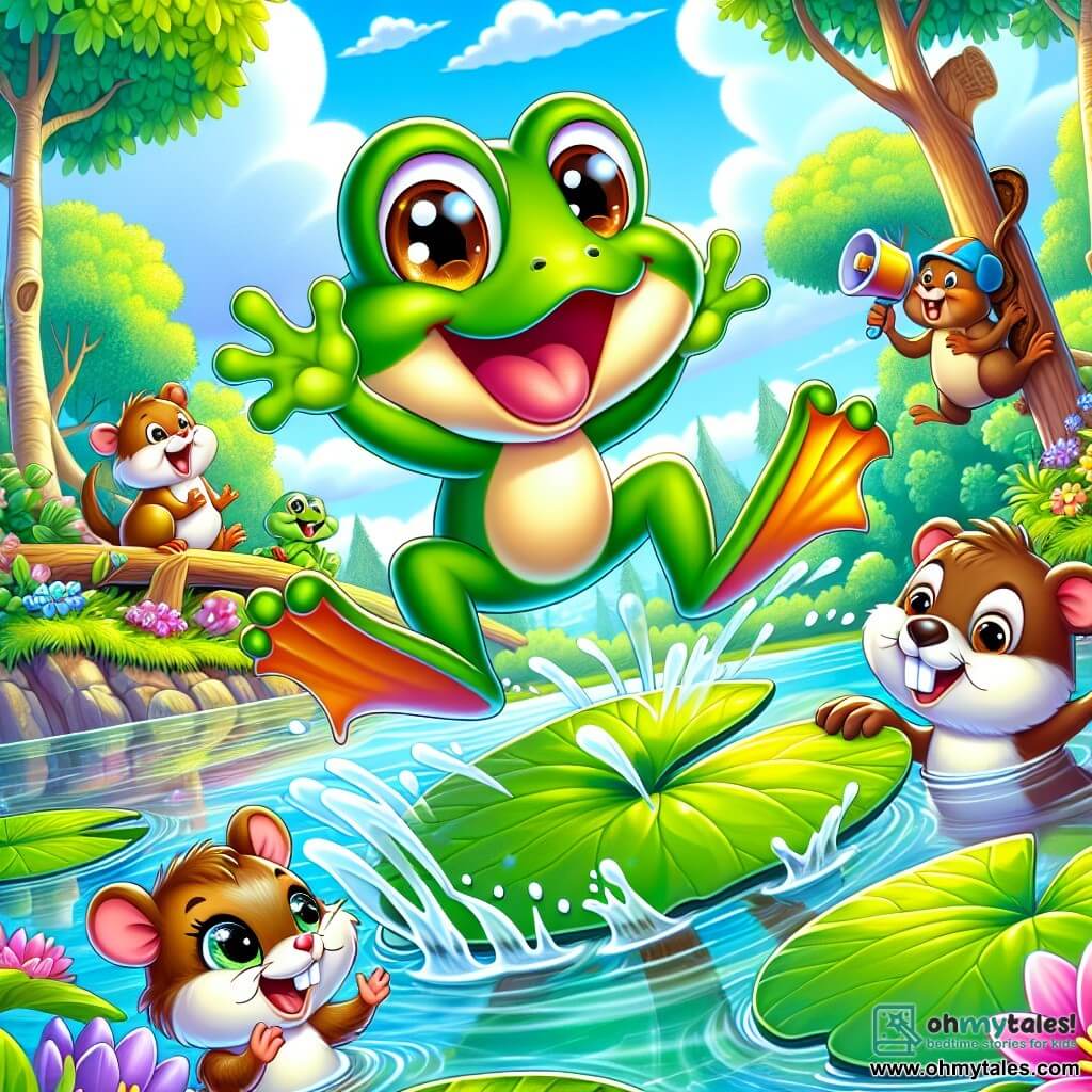 Freddie, a green frog with round, shiny eyes, is joyfully jumping from a large lily pad, wearing a big smile. His flippers are spread wide, and he looks full of energy and excitement. Millie, a small mouse with brown fur and sparkling eyes, stands on the edge of the pad, holding a large leaf like a fan and laughing at Freddie. Barry, a beaver with white teeth and brown fur, sits on a tree trunk holding a megaphone, ready to announce Freddie's jump. The scene takes place by a sparkling pond surrounded by colorful flowers and tall trees with lush green leaves. The sky is blue with fluffy clouds, and the sun shines, creating reflections in the water. Freddie is about to make a spectacular leap into the water while his friends cheer him on, creating a festive and fun atmosphere.