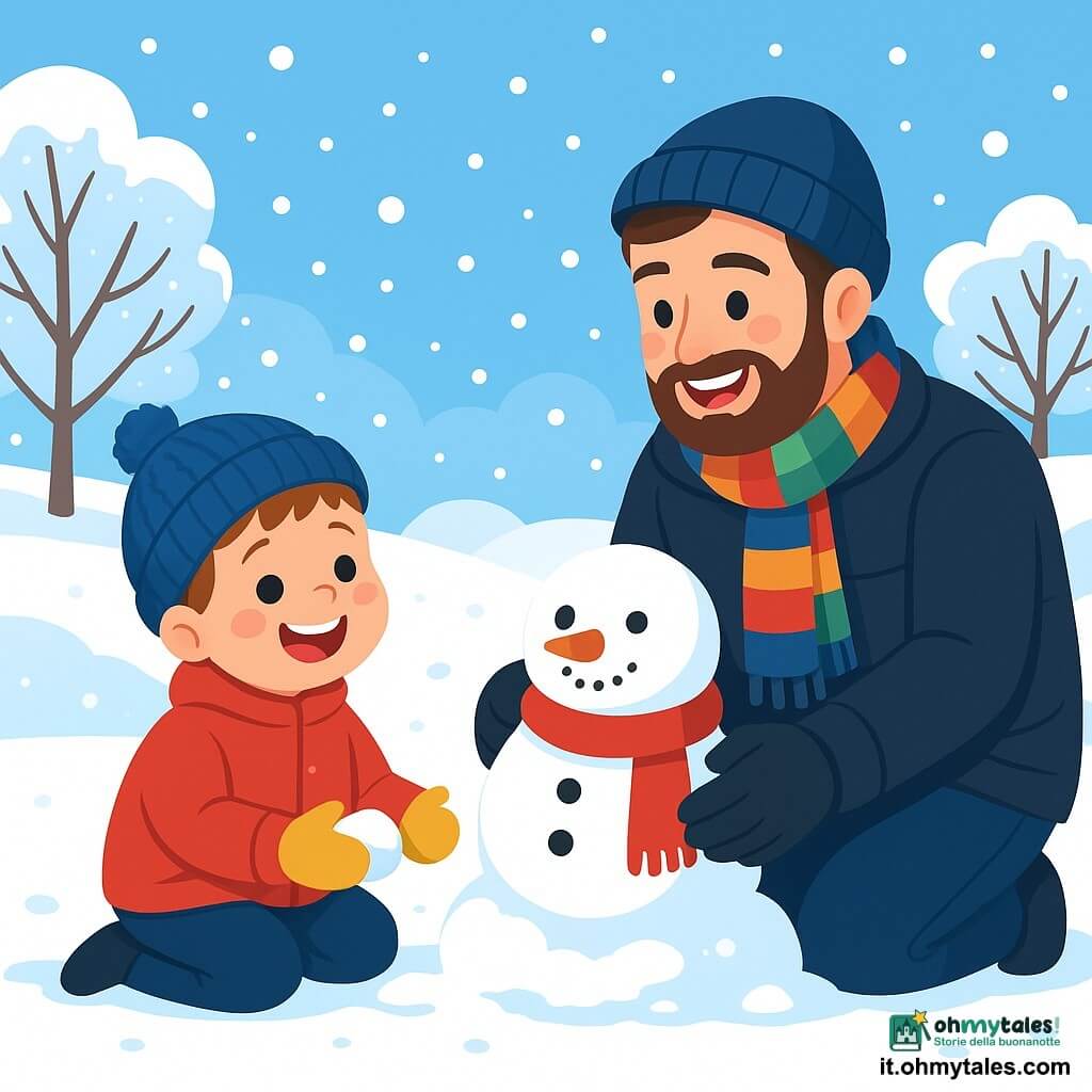 Un bambino di 2 anni, Mattia, con guance rosa e occhi brillanti, è seduto nella neve, ridendo con meraviglia. Indossa un cappotto rosso vivo, un berretto di lana blu e guanti gialli, le sue piccole mani sono piene di neve. Accanto a lui, suo padre, un uomo di circa trent'anni, con una barba morbida e un sorriso caloroso, costruisce un pupazzo di neve, vestito con un piumino nero e una sciarpa colorata. Il paesaggio è un magnifico parco invernale, con alberi coperti di neve scintillante, un cielo azzurro chiaro e fiocchi di neve che cadono dolcemente. In lontananza, colline bianche si stagliano sotto il sole invernale, creando un'atmosfera pacifica e gioiosa. La scena principale mostra Mattia che gioca con una palla di neve, gli occhi brillanti di gioia, mentre suo padre lo incoraggia a creare un pupazzo di neve, circondati da risate e magia invernale.