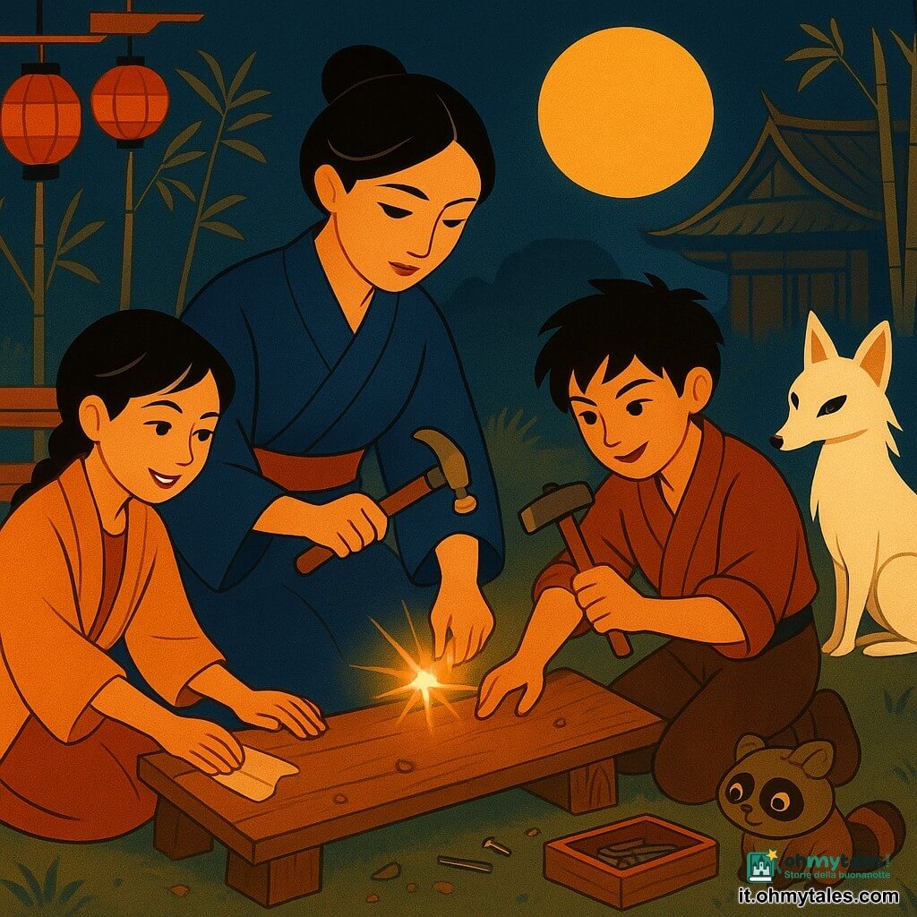 Aiko, donna adulta dai capelli neri raccolti in chignon, volto dolce e concentrato, in kimono indaco semplice, tiene in una mano un piccolo frammento luminoso (hoshi-ishi) avvolto in carta di riso e con l'altra inchioda una tavola, espressione determinata e serena; Kenji, ragazzo di circa 13 anni, capelli neri arruffati e maniche rimboccate, martella un chiodo alla destra di Aiko, energico e attento; Mei, bambina di circa 11 anni con treccia e haori leggero, lucida una tavola a sinistra sorridendo maliziosa; una kitsune bianca a nove code siede leggermente sullo sfondo sull'erba, occhi d'inchiostro brillanti, osserva calma; il piccolo tanuki Sumi, gioioso con occhi vivaci e cappuccio di foglie, sta vicino agli attrezzi curioso. Scena: piccolo giardino di villaggio davanti a un tempio al crepuscolo, terreno battuto, panche di legno consumate, bambù sullo sfondo, lanterne di carta sospese e luna piena dorata; tutti riparano collettivamente un vecchio pannello di legno: tavole consumate, chiodi scintillanti, trucioli a terra e la luce calda del frammento che filtra nel legno, atmosfera intima e collaborativa. Stile visivo: linee pulite e forme geometriche in chiave art déco, palette calda (ocra, indaco, rosso mattone) con accenti argentati sul frammento e sulla luna.