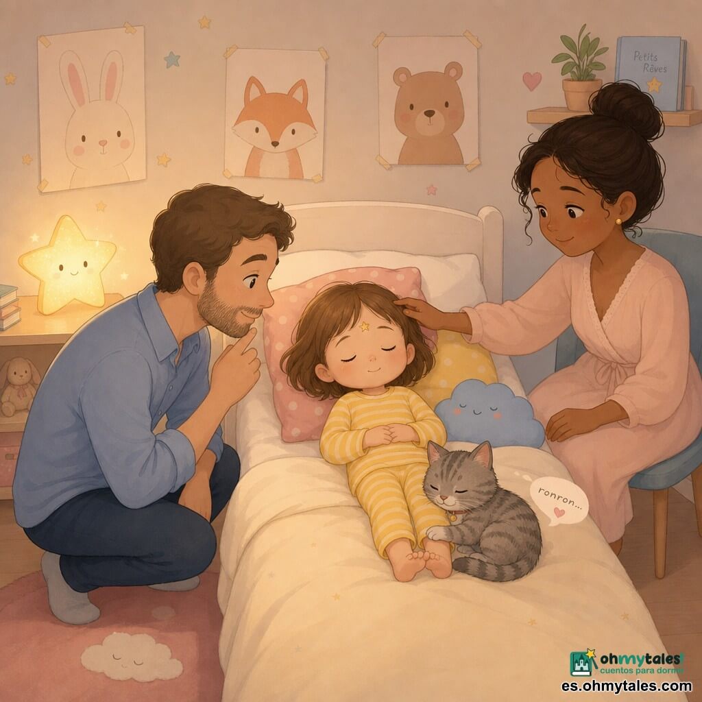 Niña de 4 años con los ojos cerrados, rostro redondo y regordete, pelo castaño claro corto, pijama amarillo a rayas, inmóvil como estatua con expresión concentrada y ligera sonrisa; padre de unos 35 años, barba suave, camisa azul, agachado a la izquierda haciendo una mueca cariñosa; madre de unos 33 años, pelo recogido en moño, vestido rosa pálido, sentada al fondo sonriendo y tendiendo la mano para acariciar; gato Pelusa, pequeño atigrado gris junto a los pies de la niña, ronroneando con ojos entrecerrados y una pata sobre la manta; cuarto infantil íntimo y cálido: cama blanca con manta crema, cojines coloridos, luz de noche en forma de estrella que emite un resplandor dorado y pósters de animales; escena: juego de la “estatua dormida”, la niña inmóvil en la cama mientras los padres la miran con ternura y una pequeña estrella dorada brillante dibujada en su frente como un tatuaje luminoso; ambiente visual en tonos pastel (amarillo, rosa pálido, azul cielo), trazos suaves y redondeados, iluminación cálida y tenue, composición simple y espacios limpios.