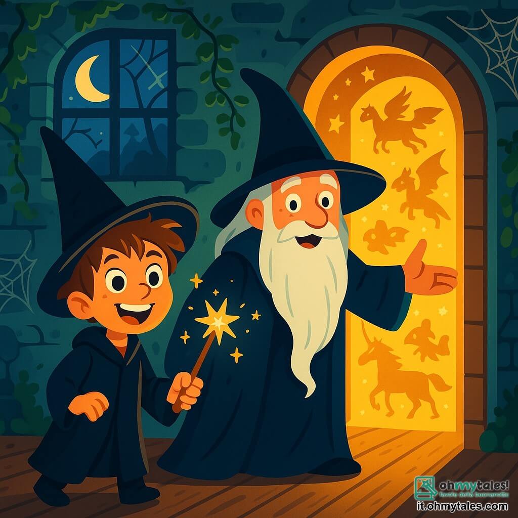 Un ragazzo di 8 anni, Marco, con capelli castani disordinati e occhi brillanti di eccitazione, indossa un lungo cappotto nero e un grande cappello a punta da mago. Sorride meravigliato, tenendo una bacchetta magica scintillante nella mano. Accanto a lui, il vecchio mago Merlino, un uomo anziano con una lunga barba bianca e un cappello nero, sorride calorosamente mentre mostra una porta segreta che brilla di una luce dorata. Il decor è una vecchia casa abbandonata, con muri di pietra coperti di edera, finestre rotte che lasciano passare la luce della luna e ragnatele che pendono negli angoli bui. All'interno, ombre danzano sul pavimento in legno consumato, creando un'atmosfera misteriosa e magica. La scena principale mostra Marco e Merlino pronti a entrare in un mondo incantato, con stelle scintillanti e creature fantastiche che aspettano dall'altra parte della porta.