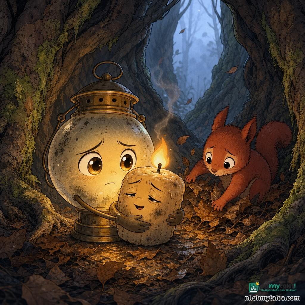 Lantje, een kleine ronde glazen vliegende lantaarn, kijkt bezorgd maar vastberaden; haar warme lichtogen, licht beslagen glas, houdt Kaarsje dicht bij zijn was met een zacht trillende gouden gloed. Kaarsje, een oude korte ronde kaars, ziet er opgelucht en moe uit; de zwarte lont rookt nog en een klein vlammetje rijst terwijl hij tegen Lantje wordt gehouden. Eek, een klein rood eekhoorntje met ronde ogen, is bezorgd maar moedwillig; hij schrapt bruin gevallen blad weg met zijn pootjes om Kaarsje te bevrijden, net rechts achter de twee lantaarns. De plek is een smalle doorgang tussen twee knoestige oude bomen, dikke wortels vormen een tunnel, natte bladhopen, groene mos op de schors en een lichte mist die de lucht koel en mysterieus maakt. De scène toont het moment waarop Lantje Kaarsje opwarmt om de vlam te doen herleven: zacht gouden licht tegen blauwig schaduw, roetdruppels, trillende bladeren, een tegelijk angstige en troostende sfeer.