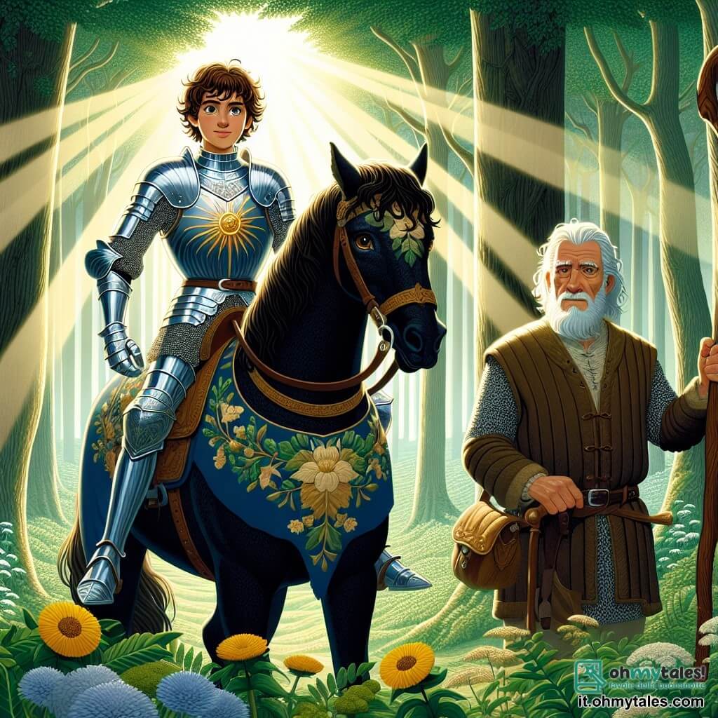 Al centro dell'immagine, Sir Alessandro, un giovane cavaliere di vent'anni, sta orgogliosamente sul suo cavallo nero di nome Fulmine. Ha capelli castani ondulati, occhi pieni di determinazione e indossa un'armatura lucente decorata con motivi floreali. La sua espressione è coraggiosa e risoluta mentre brandisce la spada, pronto a difendere il suo regno. Alla sua destra, Sir Gregorio, un vecchio cavaliere con la barba bianca di circa sessant'anni, osserva con un'espressione saggia e benevola. Indossa un'armatura consumata ma rispettata, tenendo un bastone di legno scolpito, simbolo del suo ruolo di mentore. Sullo sfondo, la foresta di Ombra si estende maestosa, con alberi alti e folti, le cui foglie di un verde splendente. I raggi di sole filtrano attraverso il fogliame, creando giochi di ombre e luci sul terreno coperto di fiori selvatici. La scena rappresenta il momento in cui Sir Alessandro, accompagnato da Sir Gregorio, si prepara a entrare nella misteriosa foresta alla ricerca della prima gemma magica, simboleggiando l'avventura e il coraggio di fronte all'ignoto.