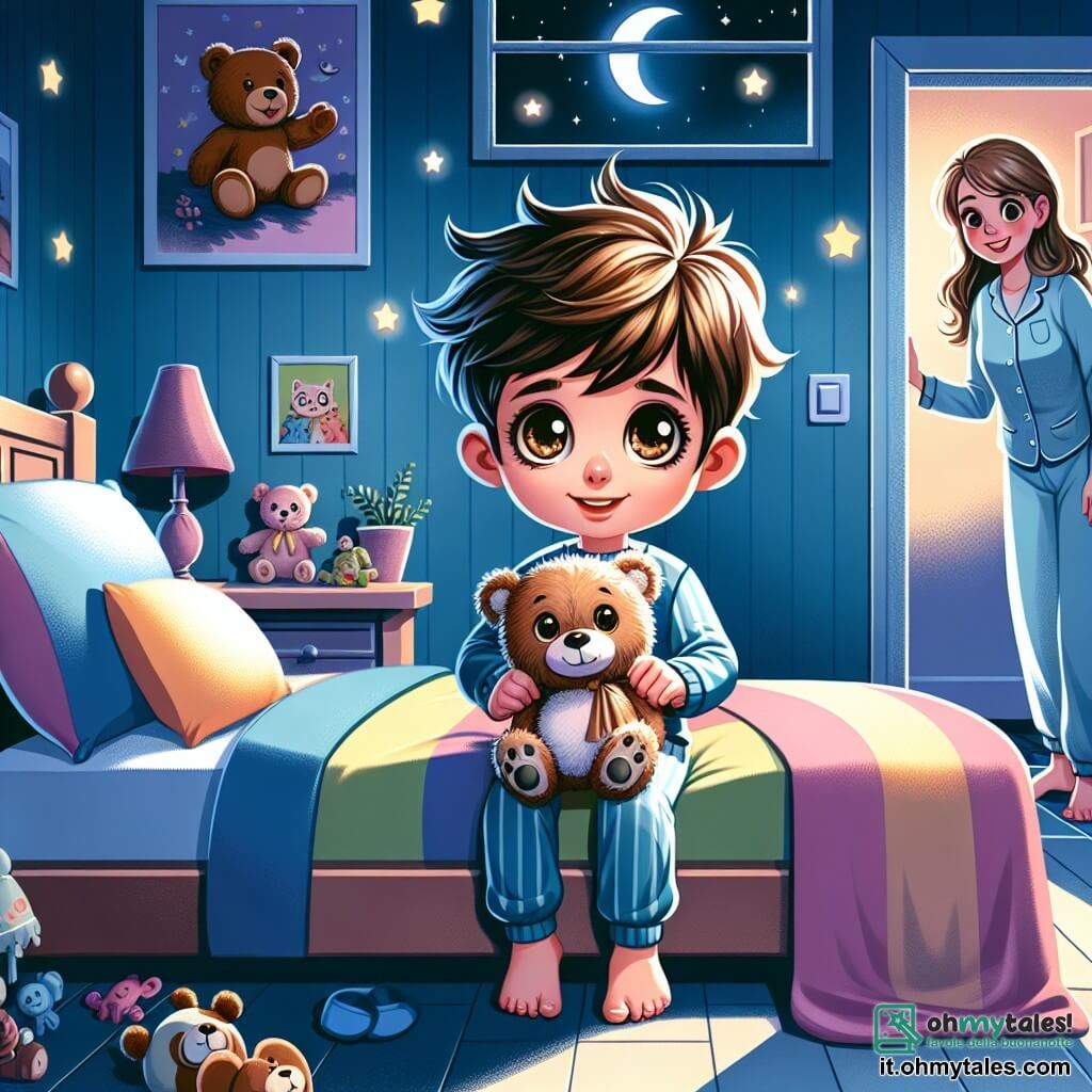 Un ragazzo di 5 anni, con grandi occhi marroni vivaci e capelli castani in disordine, è seduto sul suo letto, tenendo un orsacchiotto di peluche di nome Teddy. Il suo viso esprime curiosità e apprensione mentre guarda intorno alla sua camera buia, illuminata solo dalla dolce luce della luna che filtra dalla finestra. Accanto a lui, sua madre, una donna di circa trent'anni con lunghi capelli castani, sorride e lo rassicura, indossando un pigiama azzurro chiaro. La camera è decorata con pareti pastello, poster di animali e stelle brillanti sul soffitto. Il letto è coperto da un piumone colorato e giocattoli sono sparsi sul pavimento, creando un'atmosfera accogliente nonostante l'oscurità. La situazione principale mostra il piccolo che esplora coraggiosamente le ombre della sua camera, illuminata dalla luce della sua torcia, scoprendo che il buio può essere pieno di magia e misteri, trasformando la sua paura in un'avventura affascinante.
