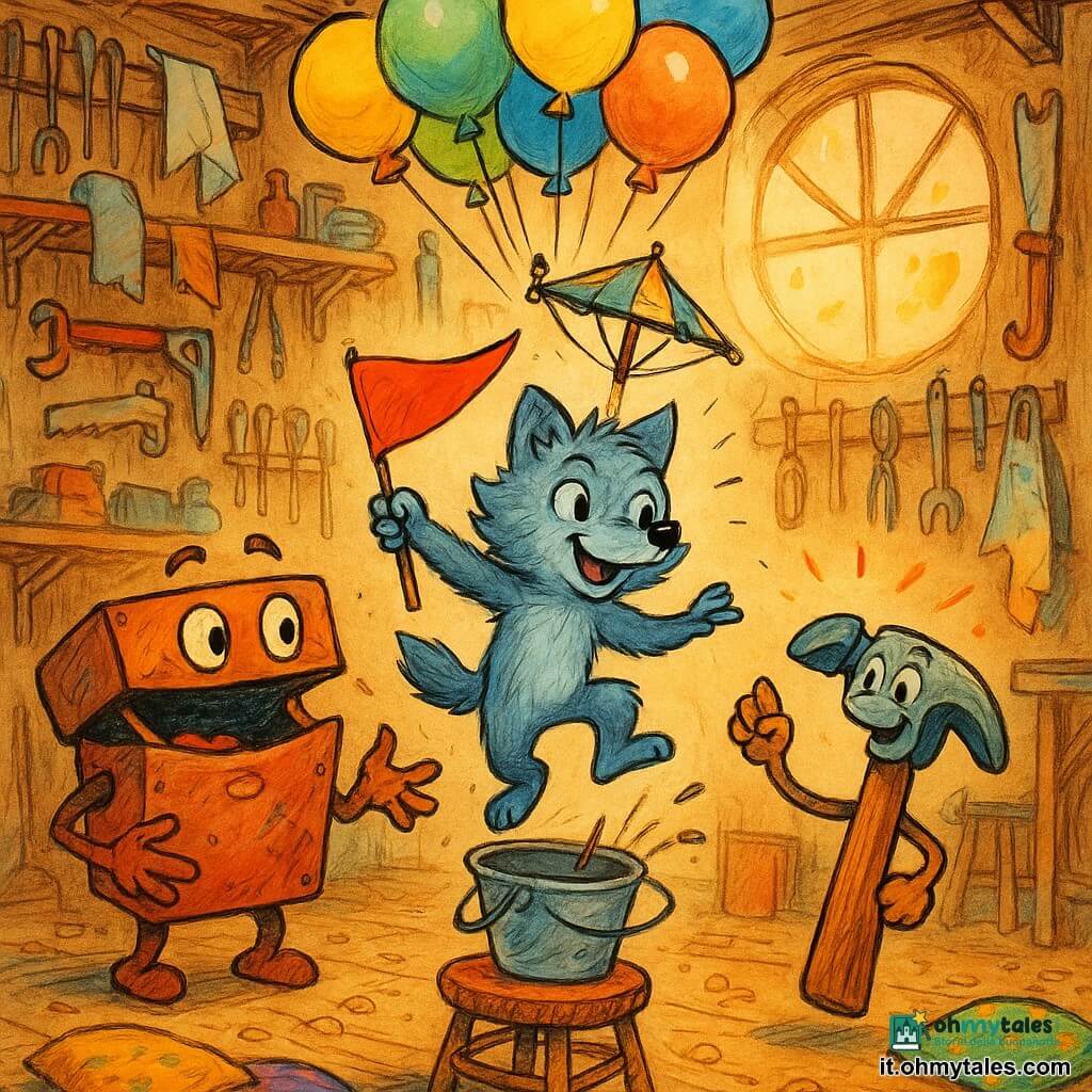 Un piccolo lupo antropomorfo grigio-azzurro, occhi rotondi e sorriso determinato, sta in piedi su una sedia da sartoria tenendo una bandiera rossa, entusiasta e leggermente goffo; a sinistra una grande cassetta degli attrezzi antropomorfa in metallo arrugginito ma lucente con i cassetti aperti come una bocca sorridente guarda benevola e tende braccia a pinza verso il lupo, a destra un martello dal manico di legno lucido con occhi disegnati e aria ottimista solleva una leva come per incoraggiare tra scintille di bricolage; la scena si svolge in una spaziosa officina di legno con scaffali pieni, utensili appesi, pezzi di stoffa, una grande finestra rotonda che diffonde luce dorata e un pavimento cosparso di trucioli e cuscini colorati; il lupo salta su un congegno artigianale (secchio come abitacolo, ombrello a vela e molti palloncini) verso il cielo interno dell'officina in una composizione dinamica dai colori caldi, tratti d'inchiostro contrastati e atmosfera gioiosa e inventiva.