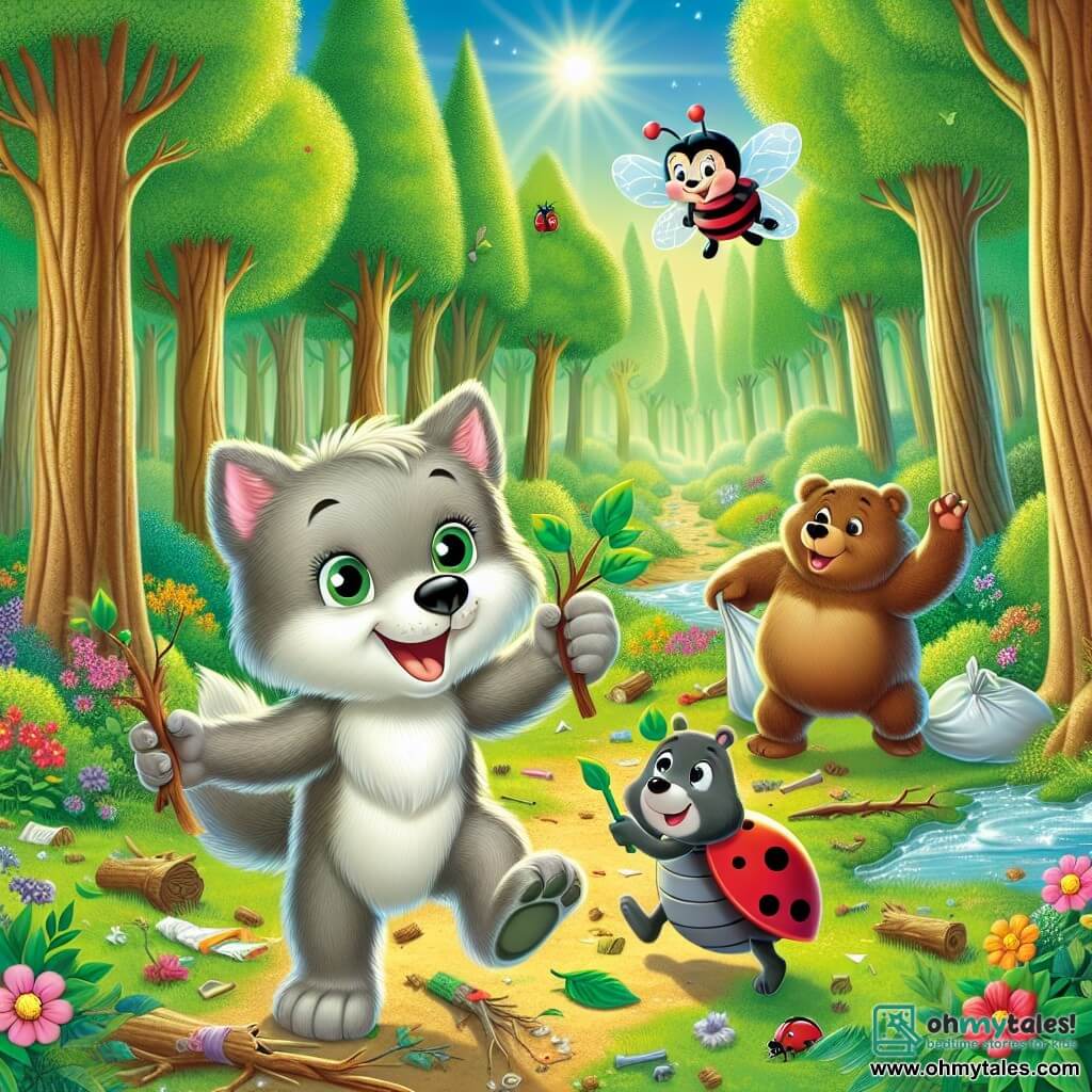 A little wolf named Wally, with soft gray fur and sparkling curious eyes, joyfully stands at the center of the scene, holding a small branch with green leaves. He has a big smile on his face, showing his enthusiasm for helping the forest. Next to him, Benny the Bear, a strong brown bear with a friendly look and rosy cheeks, picks up litter with a paw, displaying a focused expression. Lola the ladybug, small and red with black spots, happily flies above them, her shiny wings sparkling in the sun as she encourages her friends enthusiastically. The scene takes place in a lush forest, where tall trees with sturdy trunks rise towards the blue sky, surrounded by colorful flowers and a sparkling river flowing peacefully. Wally and his friends are cleaning the forest floor, picking up litter to make their home more beautiful and healthier while laughing and having fun together.
