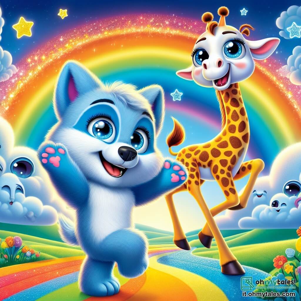 Un piccolo lupo blu di nome Lupo, con un pelo lucente e occhi brillanti di gioia, danza su un arcobaleno colorato, ridendo a crepapelle. Accanto a lui, una giraffa gioiosa con un lungo collo maculato e un grande sorriso, mentre fa movimenti di danza divertenti. Sullo sfondo, una nuvola magica di nome Nubi, a forma di grande nuvola soffice, fluttua nel cielo, con occhi rotondi e un sorriso malizioso, lanciando stelle scintillanti attorno a loro. Il paesaggio è pieno di colori vivaci: un cielo blu brillante, un arcobaleno dai toni vivaci e colline verdi che si estendono a perdita d'occhio. La scena principale mostra Lupo e la giraffa che si divertono insieme, circondati da magia e risate, in un'atmosfera gioiosa e fantastica.