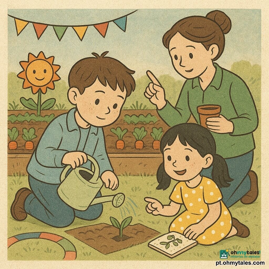 Um menino de 6 anos, rosto redondo com sardas, cabelo castanho curto, calça jeans e jaqueta azul clara, ajoelhado junto a um canteiro, calmo e concentrado, segura um regador verde-pálido e rega contando; à direita dele, uma menina de 6 anos (Sofia), cabelos pretos em maria-chiquinha e vestido amarelo de bolinhas brancas, sentada, sorri e aponta animada para um desenho num caderninho ao lado; atrás das crianças, uma professora de cerca de 30 anos, cabelo castanho preso em coque e bata verde, mostra como plantar uma semente com uma mão e apoia a outra num vasinho; a cena ocorre numa pequena horta escolar ao ar livre com canteiros retangulares de terra escura, fileiras de cenouras e couves verdes, um sol sorridente de cerâmica num canto e uma fita colorida marcando um círculo de atividade; situação de aprendizagem: o menino rega uma linha de plantas, uma semente está plantada num pequeno buraco, um chapéu de palha voa levemente ao vento; atmosfera acolhedora, cores suaves e textura de papel impresso.