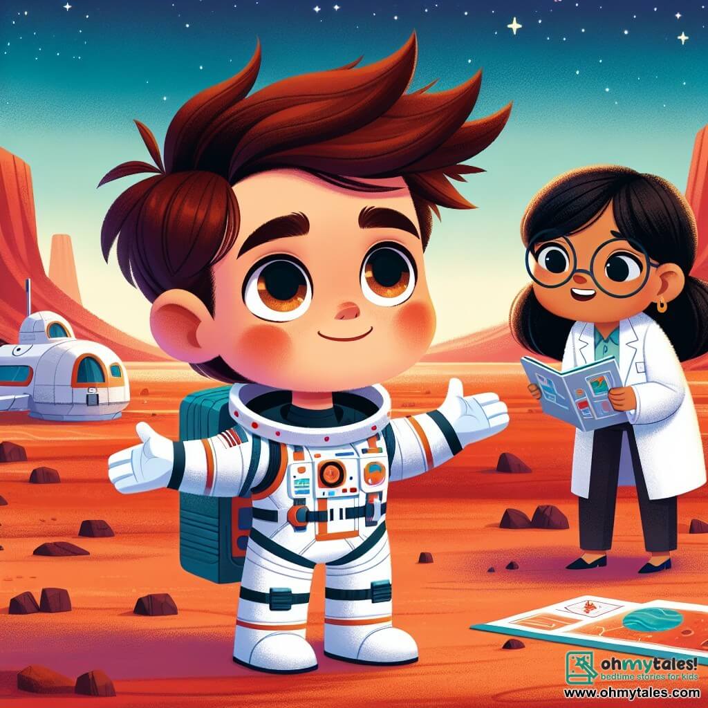 The main character, a man named Captain Leo Starling, is a smiling astronaut with slightly tousled brown hair and sparkling eyes full of excitement. He wears a white spacesuit adorned with colorful details and stands on the red Martian soil with open arms, as if embracing the vastness of the universe. His expression is filled with joy and curiosity, reflecting his wonder at this new adventure. 

Beside him is Dr. Mia Chen, a woman in her thirties with black hair tied in a ponytail and glasses on her nose. She is carefully examining a Martian soil sample, focused and passionate, standing slightly back and observing the discoveries with an admiring gaze. 

A little further away, Commander Raj Patel, a man in his forties with a well-groomed beard and a warm smile, is consulting a map of the Martian surface. He stands near the spacecraft, ready to guide the team in their upcoming explorations. 

The scene takes place in the Martian landscape, featuring red sand dunes, wind-sculpted rocks, and a deep blue sky dotted with twinkling stars. In the background, the silver spacecraft shines under the Martian sunlight, adding a futuristic touch to this extraterrestrial setting. 

The main situation shows Captain Leo Starling, arms open, celebrating their arrival on Mars, surrounded by his teammates, all in awe of the beauty of the red planet and ready to explore its mysteries.