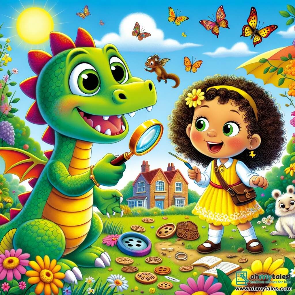 A small colorful dragon named Danny, with shiny green scales and a long curled tail, gazes with wide eyes and a joyful smile, holding a magnifying glass in his paw. Next to him is a little girl named Lily, with curly brown hair and a bright yellow dress, displaying a determined expression as she points to a shiny button she just found on the ground. Their environment is a sunny garden filled with colorful flowers and fluttering butterflies, with a house in the background where Mrs. Honeybunch, a smiling elderly lady with gray hair, watches them with gratitude. The main scene shows Danny and Lily in the midst of an investigation, searching for clues to solve the mystery of the missing cookies, with cookie crumbs scattered around them, while a curious squirrel observes them from a tree branch.