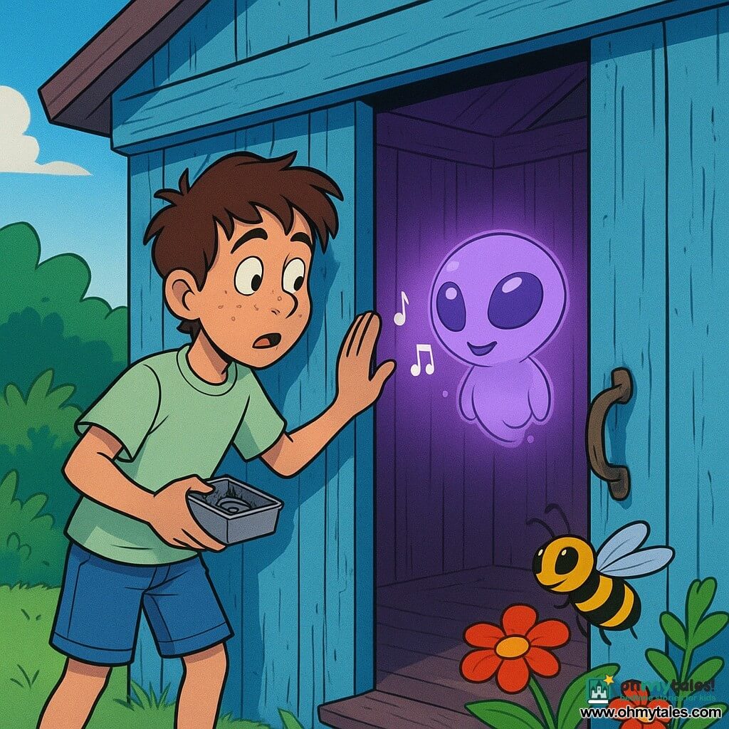 A anxious-curious 12-year-old boy with freckled face and messy brown hair in a pale green T-shirt and denim shorts holds a small box of nails and touches the cabin door handle; a friendly, round, floating alien with translucent pale violet skin and large glowing eyes emits a soft glow and floats just inside a sky-blue wooden cabin with cracked paint, a twisted rusty handle and a small round window, a strip of purple light spilling from the ajar door as a buzzing yellow-and-black bee visits red and orange flowers nearby — a silent moment of discovery as the boy presses his ear to the wood, heart racing, the door opening to reveal the glowing alien.