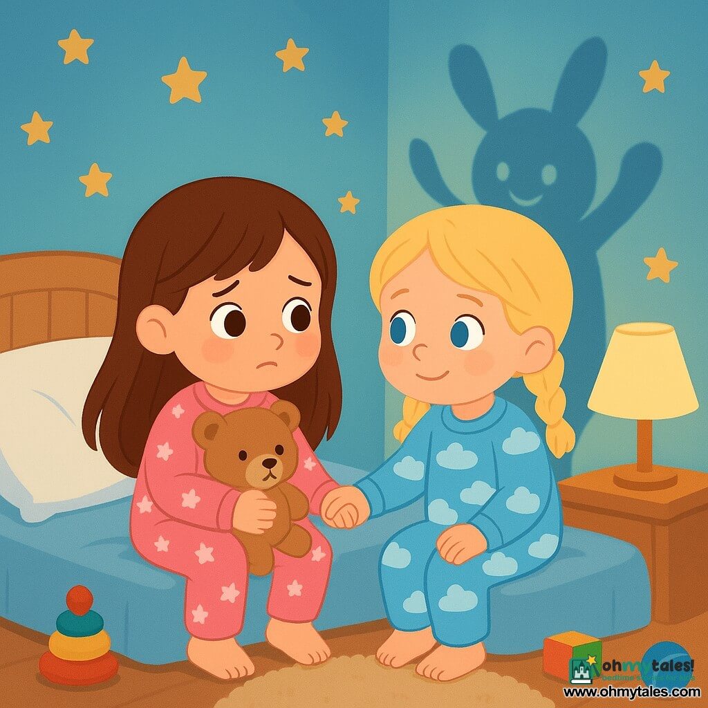 There are two main characters: Mia, a 5-year-old girl with long brown hair and sparkling eyes, wearing a pink pajamas with white stars, holding a teddy bear in her arms, sitting on her bed looking a bit worried; and Lila, also a 5-year-old girl with braided blonde hair and blue eyes, wearing blue pajamas with clouds, sitting next to Mia holding her hand to reassure her. The setting is a cozy children's room with light blue walls and golden star stickers. A small lamp casts a soft yellow light, creating shadows in the corners. A fluffy rug is spread on the floor, and toys are scattered around them. The main situation shows Mia and Lila sitting on the bed, looking at the shadows in the room. Mia appears a bit scared of the dark while Lila smiles tenderly at her, ready to comfort her. The shadows dance on the wall, creating fun and friendly shapes.