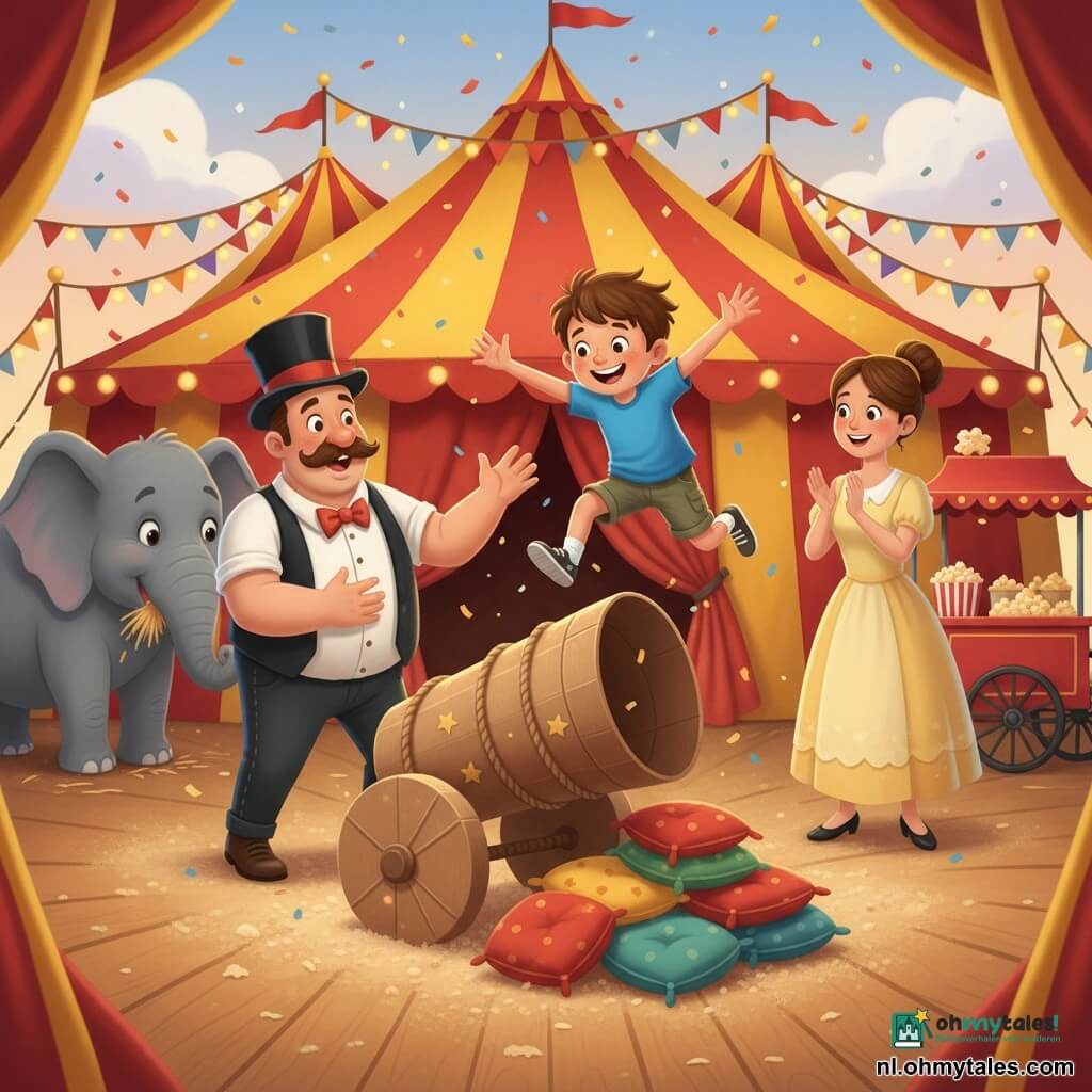 Een stralende, enthousiaste 6-jarige jongen Timmy met warrig bruin haar, sproeten, een felblauw T-shirt en kaki short springt uit een kartonnen mini-kanon naar een stapel kleurrijke kussens; zijn armen zijn gespreid en hij lacht breed. Links staat Kapoen, een gedrongen man met brede snor en zwarte hoge hoed, die bemoedigend zijn hand uitstrekt bij het kanon, en rechts op de achtergrond applaudisseert de moeder met opgestoken haar en een lichtgele jurk trots. Op de achtergrond een rood-gele circustent met vlaggetjes en lampjes, een rood geschilderd popcornkarretje dat naar popcorn ruikt en links een grote zachte grijze olifant die hooi eet. Het kartonnen kanon is bruin, met gouden sterretjes en touwen, geplaatst op zaagsel; confetti en lichte toneelstof zweven in de warme, contrastrijke, vrolijke sfeer; de compositie focust op de sprong, met zichtbare texturen van gerimpeld karton, kussenstof en tentdoek.