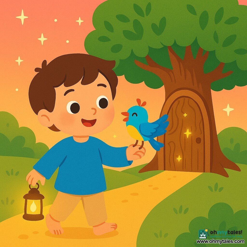 A man named Tomas, with brown hair and sparkling joyful eyes, walks on a golden sandy path. He wears a blue tunic and beige pants, holding a small lamp that emits a soft, warm light. His face expresses curiosity and kindness. Beside him, a small bird with colorful feathers, a yellow belly, and bright blue wings sings happily. The bird perches on Tomas's hand, adding a touch of magic to the scene. In the background, a large tree with shiny green leaves stands majestically, with a carved wooden door opening to a bright interior filled with twinkling stars. The sky is tinted pink and orange, creating a fairy-tale atmosphere. The main scene shows Tomas approaching the tree, ready to knock on the door, while the bird sings and stars float around them, illuminating the path with a soft, enchanted glow.