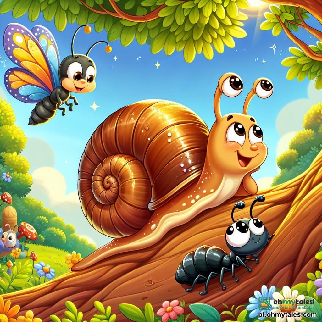 Um caracol chamado Sabiá, com um bonito capacete brilhante e antenas dançantes, expressa grande curiosidade e excitação enquanto sobe no tronco de uma imensa árvore, seus olhos brilhando de aventura. Ao seu lado, uma pequena formiga chamada Apolônia, com corpo negro e patas delicadas, observa Sabiá com admiração, enquanto uma linda borboleta chamada Lúcia, com asas coloridas de azul e amarelo, voa alegremente ao redor deles, acrescentando um toque de magia à cena. O lugar é um jardim encantador, banhado em luz dourada, com flores vibrantes, folhas verdes e um céu azul salpicado de nuvens fofas. A situação principal mostra Sabiá deslizando pelo tronco da árvore, pronto para descobrir o mundo além de seu jardim, enquanto seus amigos o incentivam com entusiasmo.