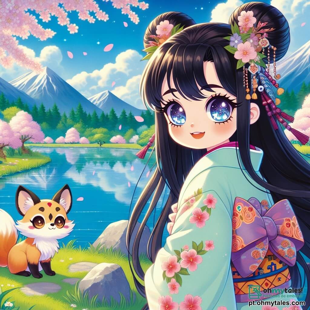Yuki, uma jovem com longos cabelos negros como a noite e olhos brilhantes como estrelas, está à beira de um lago sereno, seu rosto radiante de curiosidade. Ela veste um quimono tradicional com padrões florais coloridos e suas mãos estão delicadamente sobre os quadris, enquanto observa seu reflexo na água. Ao seu lado, Kitsu, uma pequena raposa de pelos dourados e olhos travessos, está sentada em uma pedra, observando Yuki com um sorriso encorajador. O local é um lindo lago cercado por montanhas majestosas, com cerejeiras em flor cujas pétalas caem suavemente, criando um tapete rosa na grama verde. O céu é de um azul vibrante, salpicado de nuvens brancas. A cena principal mostra Yuki contemplando seu reflexo, percebendo a importância da sabedoria e da bravura, enquanto Kitsu a encoraja, simbolizando a amizade e o apoio em sua busca por conhecimento.