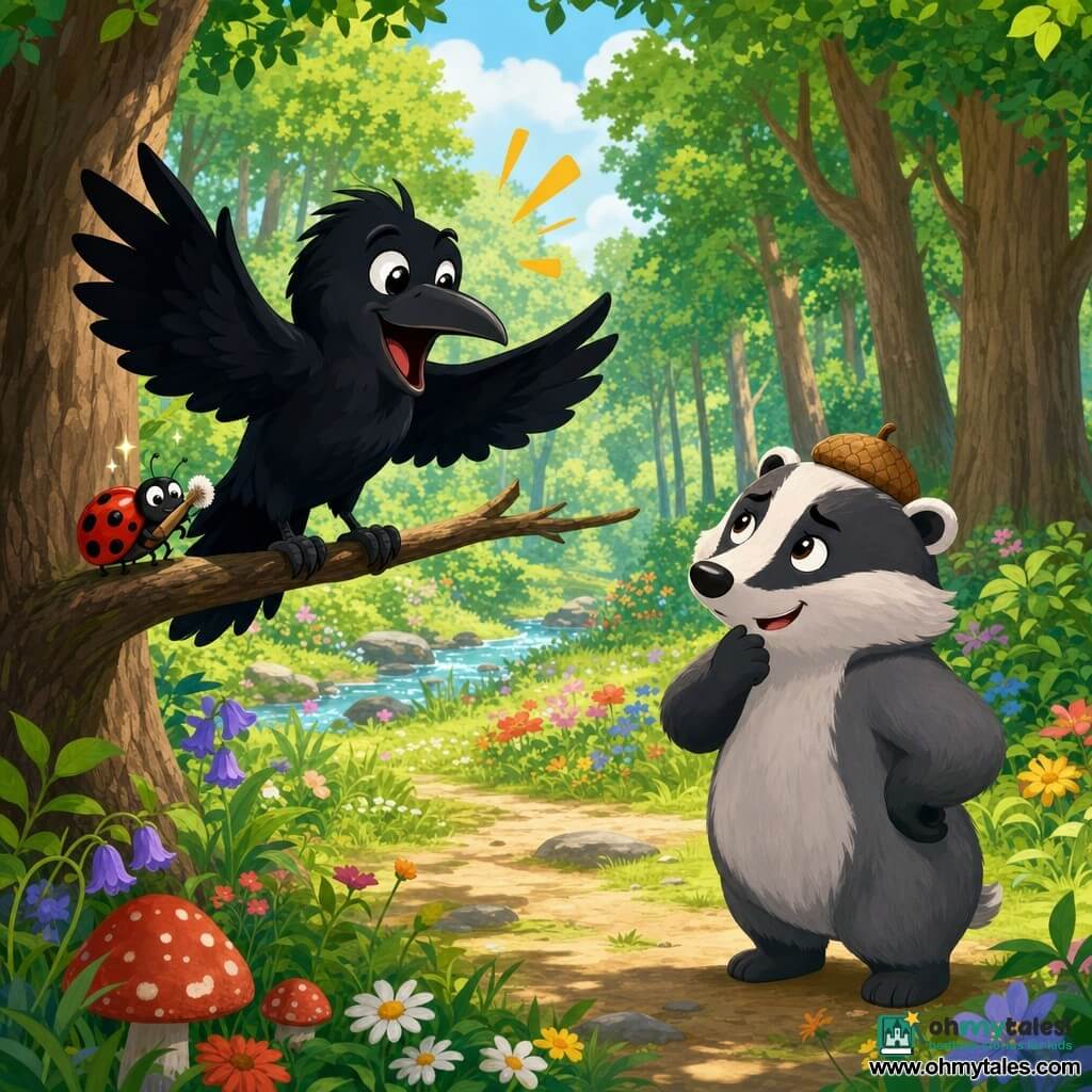 A glossy black crow with a mischievous expression and half-open wings perches on a low branch, joyfully shouting its new word BLIMBADOODLE; below, a serious striped badger wearing a small acorn cap stands on the path, surprised but softened into a smile, while a tiny ladybug polishes its black-spotted red shell beside the crow; the scene is a bright round clearing surrounded by tall trees, green grass with flowers and a shimmering stream, cheerful mood, saturated colors and clean shapes.