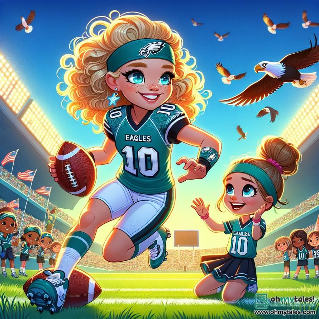 Mia Thompson, an athletic woman with curly golden hair, is at the center of the image, smiling and full of determination. She wears an Eagles team jersey with the number 10 and football shorts, skillfully dribbling the ball on the field. Her eyes shine with excitement and passion for the game. Next to her is Lily, a nine-year-old girl with pigtails and a radiant smile, wearing a football jersey with Mia's name on the back. She enthusiastically cheers, her eyes sparkling with admiration, standing right beside Mia on the field. The scene is set in a vibrant stadium filled with supporters waving colorful flags and singing cheers. The sky is bright blue, and the sun shines on the green grass, creating a joyful and dynamic atmosphere. The main focus shows Mia in action, gracefully dribbling the ball, while inspired Lily encourages her with enthusiastic gestures. It’s a moment of camaraderie and passion for football, illustrating the beauty of the game and the importance of dreams.