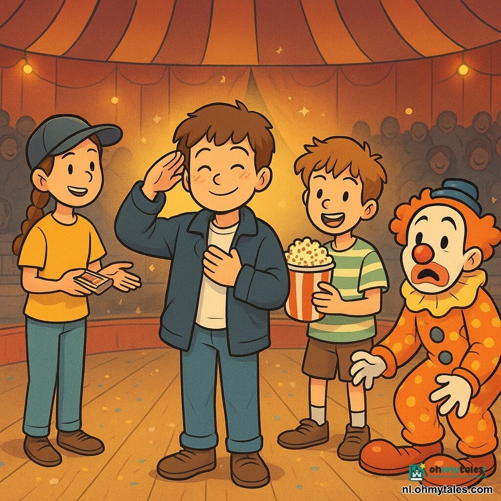 Er zijn vier personen: Sam — jongen ~11 jaar, kort bruin haar, te grote donkerblauwe jas, staat midden vooraan op de piste, hand op het hart, licht gebogen in groet, gezicht rood van trots; Aya — meisje ~11 jaar, strakke vlecht, petje schuin, eenvoudige gele kleding, links van Sam, houdt een kleine knijptang voor kaartjes en wijst als een stille dirigent; Milo — jongen ~10 jaar, warrig haar, gestreept t-shirt, rechts van Sam, houdt een bak popcorn in de ene hand en reikt met de andere een net gevallen roze suikerspin aan; Clown Kees — volwassen clown, glanzende rode neus, lichte schmink, enorme rode schoenen, vooraan iets rechts, gebogen met een roze suikerspin aan zijn schoen, verraste komische uitdrukking. Locatie: binnen in een grote kleurrijke circustent, stoffige houten plankenvloer, warme oranje-gele spotlights verlichten de ronde piste, donkere rode achtergrondgordijn, rijen banken vol glimlachende silhouetten, confetti en glitters op de grond. Situatie: de vier op de piste bij de opening; Sam, Aya en Milo brengen een gezamenlijke groet naar het publiek terwijl Clown Kees de komische scène speelt met suikerspin aan zijn schoen; vrolijke sfeer, actie bevroren op het moment dat het publiek in de lach schiet, lichtflitsen en kleine glinsteringen in de lucht.