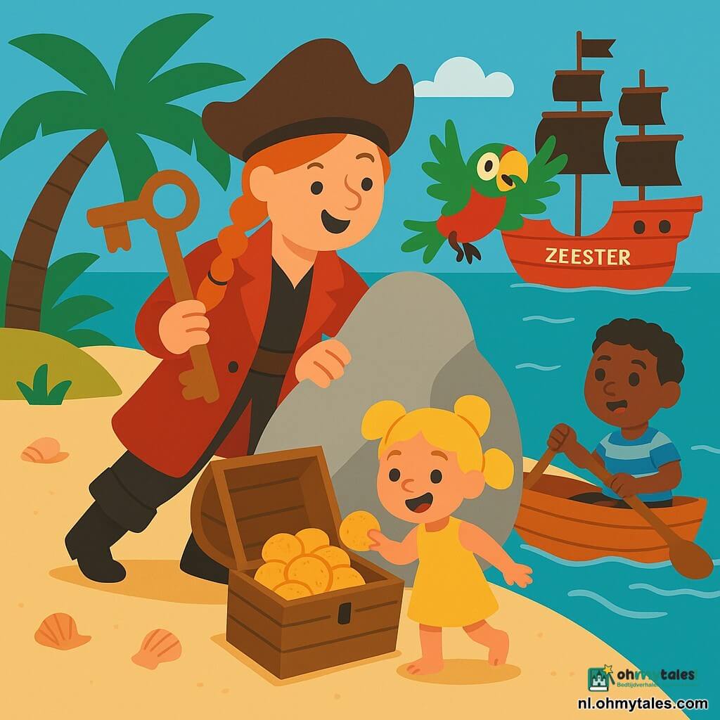 Kapitein Roos is een vrolijke vrouw met gevlochten rood haar, een grote rode jas en een bruine piratenhoed; ze draagt een grote houten sleutel en duwt zacht een grote steen op het strand. Piet is een groene en rode mannelijke papegaai op haar linkerschouder die "Koekjes!" roept. Sam is een jongen met kort bruin haar in een blauw gestreept t-shirt die met een bootje dichtbij het strand naar een open kist met verbazing kijkt. Mia is een meisje met blonde staartjes in een gele jurk dat naast de kist in het zand staat en een koekje pakt. De schat is een oude houten kist bij een grote grijze steen vol grote, harde, goudkleurige ronde koekjes. Het eiland is een klein beige zandstrand met groene palmbomen, wat schelpen, turquoise water en het grote rode piratenschip "Zeester" op zee; de scène toont het vrolijke moment waarop ze de koekjes vinden en ze in de zon leggen om ze zachter te maken, heldere sfeer, felle kleuren, eenvoudige vormen en nette contouren.