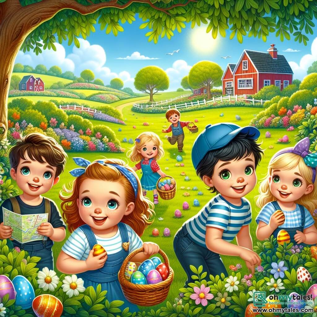 In a green field, five children are gathered for an Easter egg hunt. Oliver, a 10-year-old boy with brown hair and sparkling eyes, holds a map in one hand and a basket filled with colorful eggs in the other. To his right is Emma, a 9-year-old girl with a ponytail of red hair, smiling and holding a chocolate egg. Just behind them, Mia and Max, 8-year-old twins, are rummaging through a bush, with Mia having blonde hair and Max wearing a blue cap. Finally, Jake, a 10-year-old boy with black hair and a striped t-shirt, bends down to pick up an egg hidden under a flower. The setting is a charming farm field with scattered colorful flowers, a large oak tree in the center, and an old red wooden barn in the background. The sky is blue with some fluffy white clouds, and the sun is shining, creating a joyful and festive atmosphere. The scene captures the children in action, laughing and searching for hidden eggs, surrounded by the spring beauty of the farm, embodying the excitement and spirit of the Easter adventure.