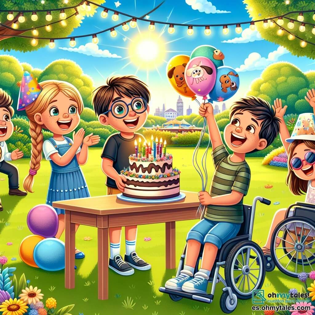En un parque soleado, Lucas, un niño de 11 años con cabello castaño y gafas, sonríe alegremente sosteniendo un pastel de cumpleaños decorado con velas de colores. A su lado está Carla, una niña de 10 años con cabello rubio y trenzas, que aplaude entusiastamente, sus ojos brillando de alegría. Julián, un niño de 11 años con cabello negro desordenado, hace una mueca divertida, sosteniendo un globo en forma de perro, mientras que Sofía, una niña de 10 años con cabello castaño y gafas de sol, baila a su alrededor, con los brazos levantados hacia el cielo. En el fondo, Manuel, un niño de 11 años en silla de ruedas, sonríe ampliamente, rodeado de flores coloridas y globos flotantes, añadiendo un toque de magia a la escena. El parque está lleno de vegetación brillante, con árboles majestuosos y un cielo azul salpicado de nubes blancas esponjosas. Guirnaldas de luces brillantes cuelgan entre las ramas, creando un ambiente festivo y alegre. La situación principal muestra a Lucas listo para soplar sus velas, rodeado de sus amigos que lo animan con sonrisas radiantes, capturando la esencia de una maravillosa fiesta de cumpleaños llena de risas y amistad.