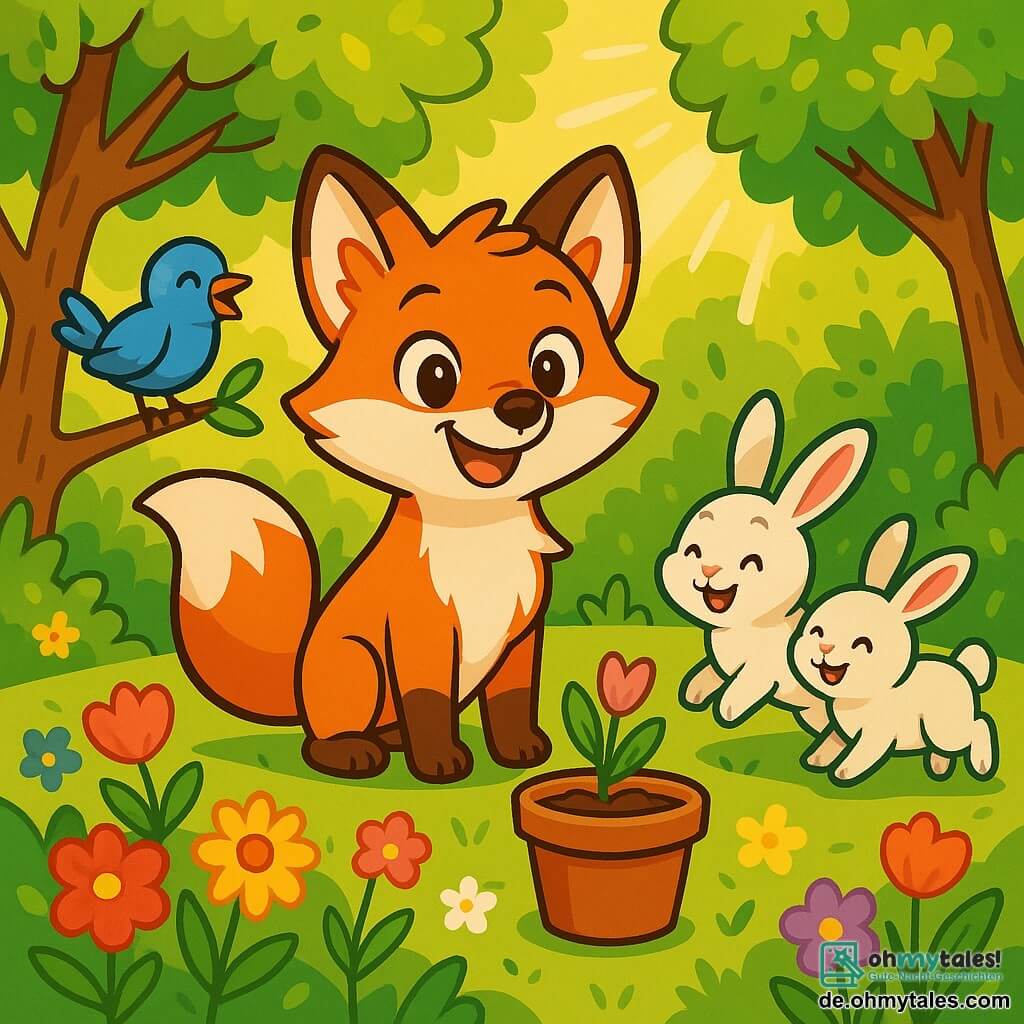 Finja, ein junger Fuchs mit leuchtend rotem Fell und neugierigen Augen, steht fröhlich im Zentrum einer sonnigen Lichtung, umgeben von bunten Blumen. Sie lächelt breit, mit aufgerichteten Ohren, bereit, den Frühling zu entdecken. Neben ihr singt ein kleiner blauer Vogel mit glänzendem Gefieder und lebhaften Augen fröhlich auf einem niedrigen Ast. Weiter weg springen zwei weiße Kaninchen mit weichem Fell glücklich im grünen Gras umher. Die Lichtung ist in goldenes Licht getaucht, mit Bäumen, die frisches Laub tragen, und leuchtenden Blumen in allen Farben. Sonnenstrahlen filtern durch die Äste und erhellen den Boden, der mit kleinen Blumen und Blättern bedeckt ist. Finja und ihre Freunde bereiten sich darauf vor, gemeinsam Blumen zu pflanzen, ihre Herzen erfüllt von Vorfreude auf den kommenden Frühling, der einen Neuanfang und schöne Abenteuer symbolisiert.