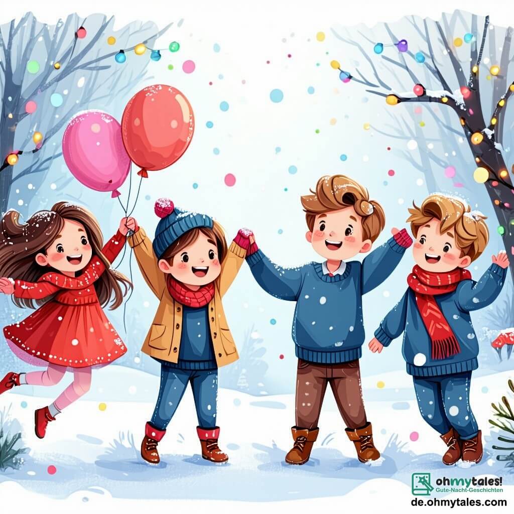 In einem verschneiten Garten stehen vier Freunde zusammen, umgeben von funkelnden bunten Lichtern. Mia, ein vierjähriges Mädchen mit langen braunen Haaren und einem roten Kleid, lächelt fröhlich und hält einen rosa Ballon. Ben, ein vierjähriger Junge mit zerzausten blonden Haaren und einem blauen Pullover, steht neben ihr und hebt die Arme zum Himmel, begeistert von den Feuerwerken. Sophie, ein vierjähriges Mädchen mit lockigem Haar und einem grünen Schal, steht leicht im Hintergrund und lacht, während sie ihre Freunde mit funkelnden Augen ansieht. Leo, ein vierjähriger Junge mit braunen Haaren, sitzt in einem hübschen Rollstuhl, der mit Girlanden geschmückt ist, und lächelt breit, während er einen gelben Ballon hält, im Zentrum der Gruppe. Der Garten ist voller fallender Schneeflocken, bunter Laternen, die an den Bäumen hängen, und einem Nachthimmel, der von strahlenden Feuerwerken erleuchtet wird. Die Freunde feiern gemeinsam den Jahreswechsel und lassen bunte Ballons in den Himmel steigen, während sie Wünsche für das kommende Jahr äußern.