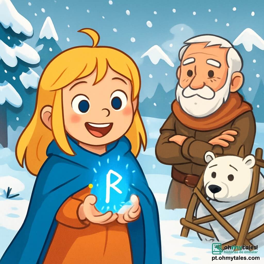 Freya, uma jovem de cabelos dourados e olhos curiosos, está no centro da imagem, segurando uma runa brilhante. Seu rosto expressa admiração e determinação, com um sorriso radiante. Ela usa uma capa azul que contrasta com a paisagem invernal. Ao seu lado, Olaf, um homem de cerca de 60 anos, com um rosto enrugado e barba branca, observa Freya com admiração, vestido com uma túnica de couro e um cachecol de lã, pronto para apoiá-la em sua aventura. O cenário é uma ilha congelada, com árvores cobertas de neve, montanhas ao fundo sob um céu cinza claro, e flocos de neve caindo suavemente. O chão está coberto de neve brilhante, e pegadas levam a um drakkar viking ao longe. A cena principal mostra Freya descobrindo a runa mágica, iluminada por uma luz azul, enquanto se prepara para ajudar um grande urso polar preso em uma estrutura de madeira, criando uma atmosfera de coragem e solidariedade na beleza fria do inverno nórdico.