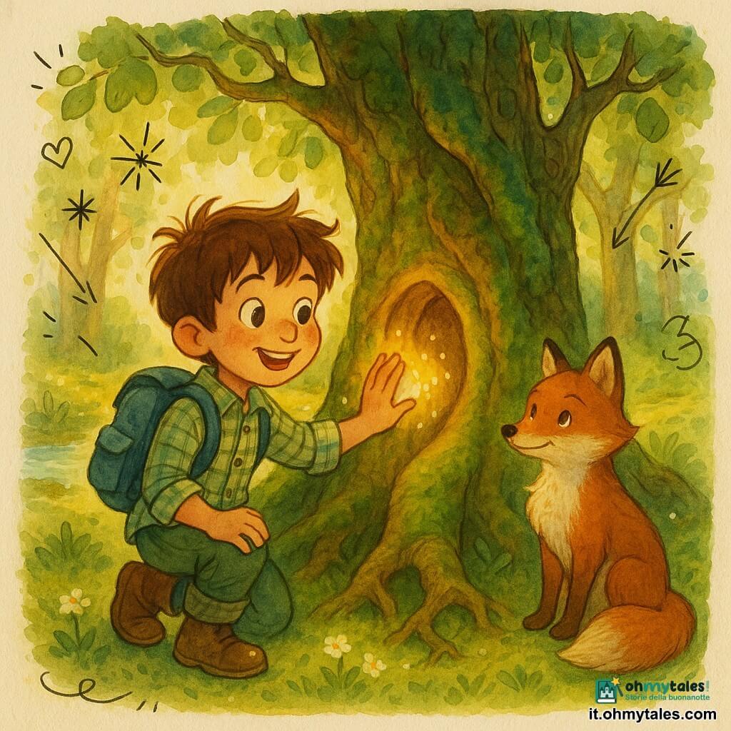 Un ragazzo di 8 anni, occhi grandi e curiosi, capelli castani spettinati, viso punteggiato di sole, sorridente e inginocchiato con la mano appoggiata alla corteccia; porta un piccolo zaino di tela blu, camicia a quadretti verde chiaro e stivaletti sporchi di fango. Accanto a lui una volpe dal pelo rosso lucente e sguardo malizioso, seduta con la coda arrotolata, che guarda l'albero. Un grande albero antico dal tronco massiccio coperto di muschio, radici contorte e rami nodosi carichi di foglie smeraldo, con un incavo a misura di bambino come una porta. La radura è immersa in una luce dorata filtrata dalle foglie, erba tenera con piccoli fiori bianchi e un ruscello scintillante sullo sfondo. Momento del desiderio: una dolce luce dorata esce dall'incavo e avvolge la mano del ragazzo con piccole scintille sospese. Stile caldo e colorato, tratti morbidi, texture carta acquerello e piccoli doodle bianchi (stelle, foglie, cuori) in sovrimpressione per un effetto infantile.