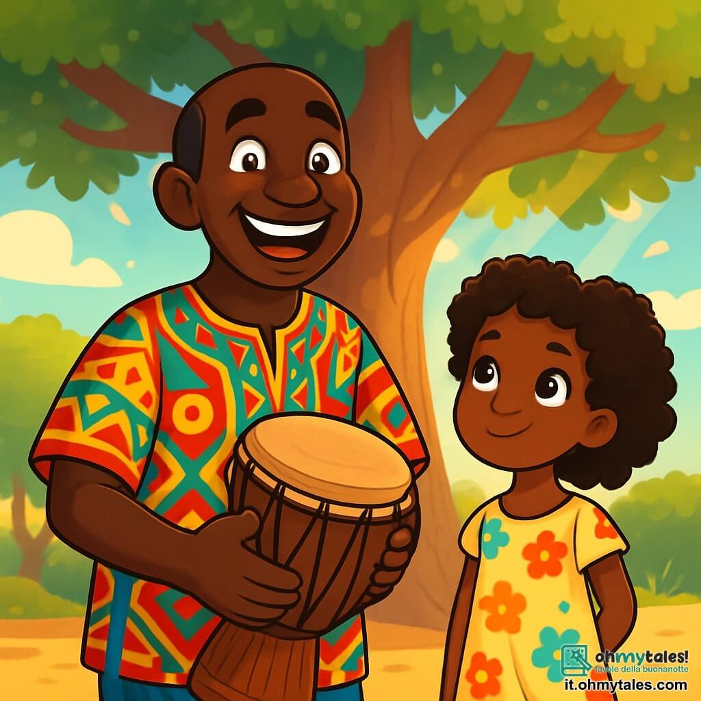 Un uomo, il capo Kwame, si trova al centro della scena, con un ampio sorriso caloroso e occhi brillanti come stelle. Indossa una tunica colorata in tessuto tradizionale, decorata con motivi africani vivaci, e tiene un antico tamburo tra le mani. Accanto a lui, una giovane ragazza di circa 10 anni, con capelli crespi e ricci, guarda con ammirazione, i suoi occhi brillano di curiosità. Indossa un vestito di cotone leggero, decorato con fiori colorati, e si tiene leggermente in disparte, pronta ad ascoltare le sagge parole di Kwame. Il decor si trova sotto un maestoso baobab, le cui ramificazioni si estendono ampiamente, creando un'ombra rassicurante sul terreno sabbioso. I raggi di sole filtrano tra le foglie, illuminando la scena con una luce dorata. Kwame, con il suo tamburo, chiama gli spiriti degli antenati per portare pace tra le famiglie in disaccordo, mentre la giovane ragazza osserva con meraviglia, impaziente di scoprire la saggezza ancestrale.