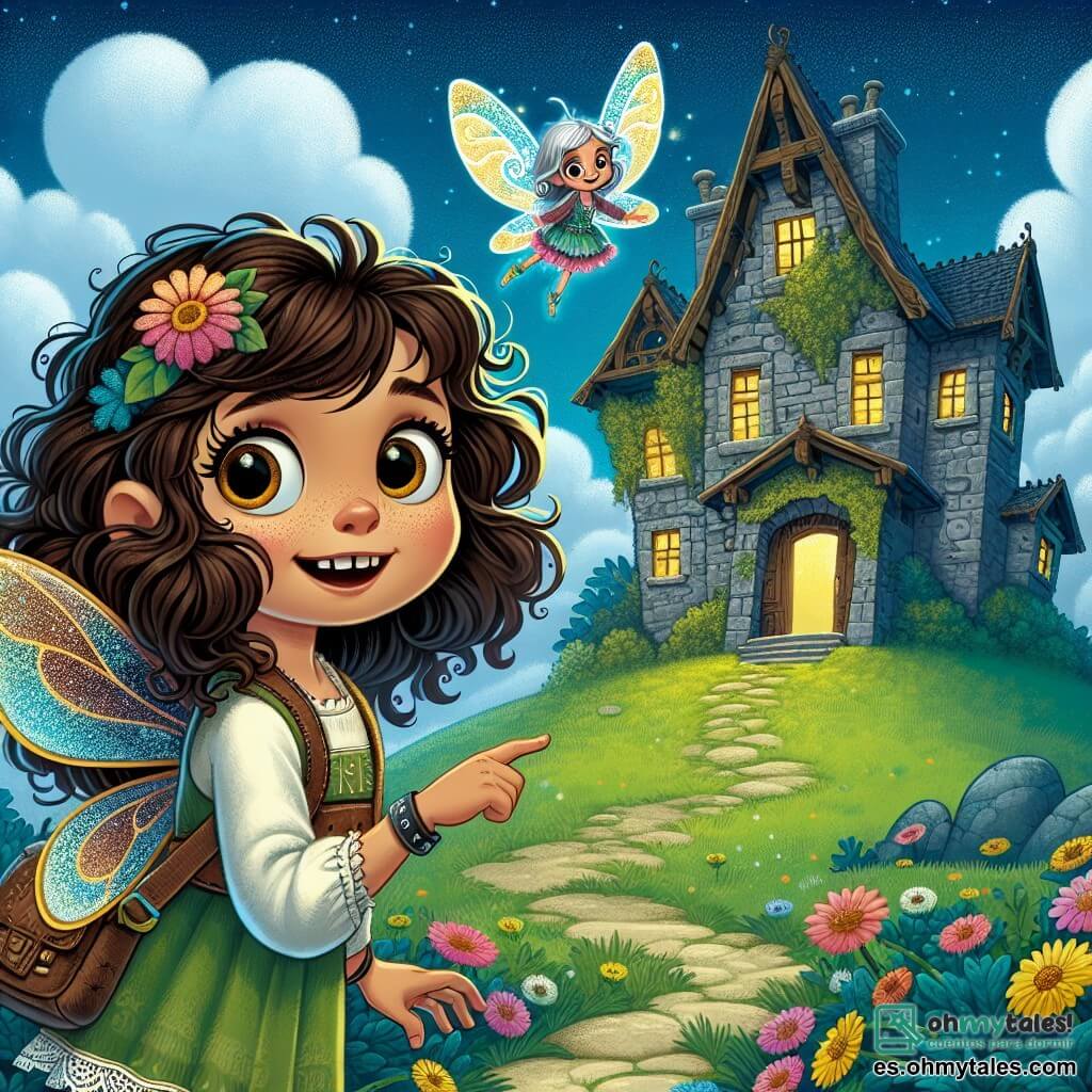 Una niña de 7 años, Valentina, con grandes ojos brillantes y cabello castaño rizado, se encuentra frente a una vieja casa misteriosa en la cima de una colina. Tiene una expresión de curiosidad y emoción, con las manos en las caderas, lista para explorar. A su lado, un pequeño ser mágico llamado Lila, una hada con alas doradas brillantes, flota en el aire. Lila tiene un rostro sonriente y cabello plateado, y señala hacia la puerta de la casa, animando a Valentina a entrar. El lugar es una colina verde, llena de flores coloridas, con una casa antigua de paredes de piedra cubiertas de hiedra y ventanas polvorientas. El cielo es de un azul profundo con nubes blancas esponjosas, creando una atmósfera mágica y ligeramente inquietante. La escena principal muestra a Valentina y Lila preparándose para entrar en la casa misteriosa, donde sombras bailan detrás de las ventanas, como si las estuvieran observando, añadiendo un toque de suspense a la aventura que les espera.