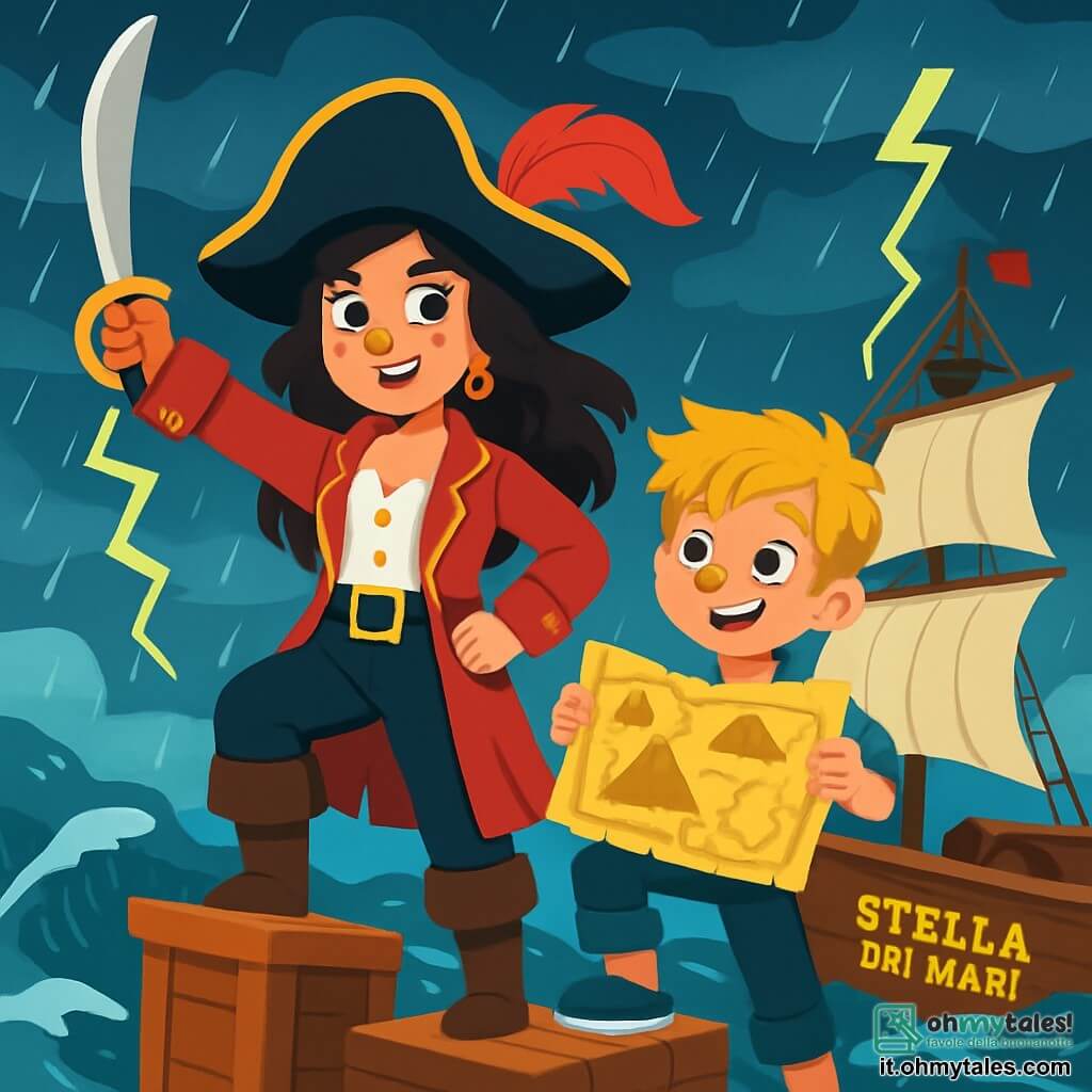 Capitan Isotta, una coraggiosa piratessa di circa trent'anni, si erge fiera sul ponte della sua nave, la Stella dei Mari. Ha lunghi capelli ondulati, color ebano, e indossa un cappello da pirata decorato con una piuma rossa. Il suo volto esprime determinazione ed eccitazione, con occhi brillanti che scintillano sotto i lampi. Accanto a lei, Nico, un ragazzo di dieci anni con capelli biondi arruffati e un sorriso malizioso, tiene una vecchia mappa del tesoro. La situazione principale mostra Isotta e Nico che scoprono la misteriosa mappa del tesoro, pronti a intraprendere un'audace avventura verso l'Isola delle Nebbie.