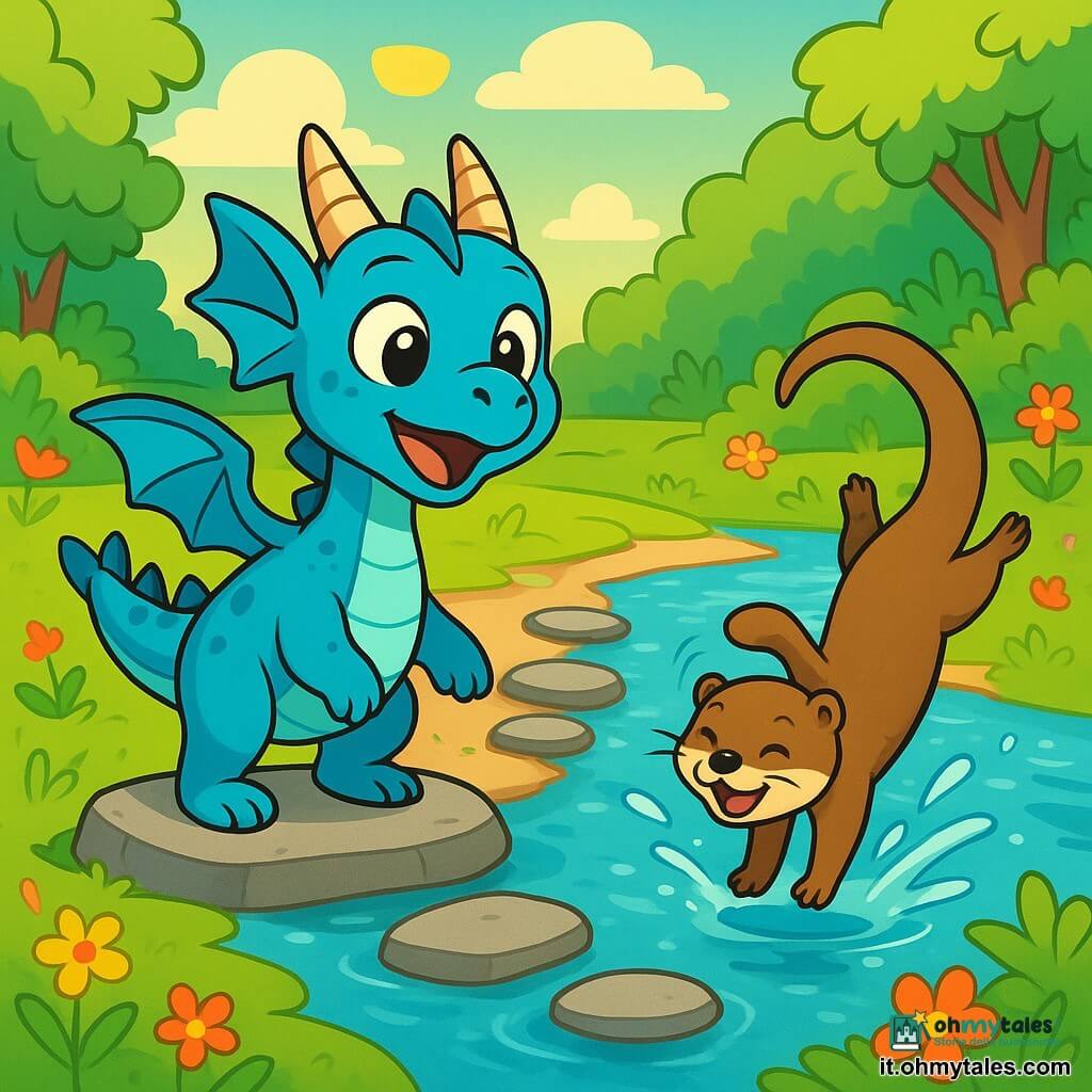 Un piccolo drago azzurro, di nome Lillo, con una coda a forma di spazzola e corna buffe, si trova su una pietra piatta accanto a un ruscello. I suoi occhi brillanti esprimono eccitazione e meraviglia mentre guarda una serie di pietre che portano all'altra riva. Accanto a lui, una lontra dispettosa, di nome Ninì, con il pelo marrone e occhi scintillanti di malizia, fa una pirouette nell'acqua, ridendo gioiosamente. Sullo sfondo, il ruscello scintilla sotto il sole, circondato da fogliame verde e fiori colorati che danzano al vento. La scena principale mostra Lillo e Ninì pronti a attraversare il ruscello saltando di pietra in pietra, con un'atmosfera di avventura e amicizia nell'aria.