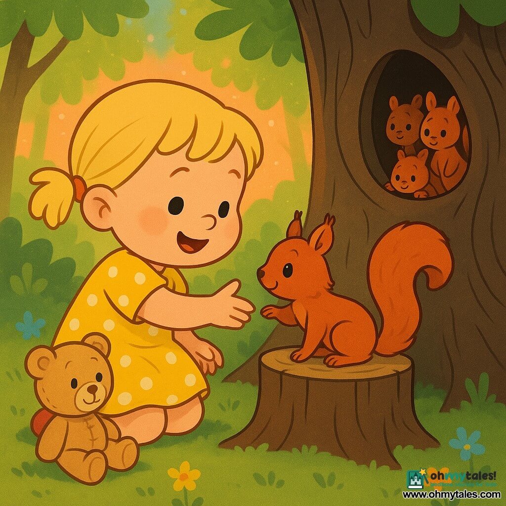 A joyful 2-year-old girl with short blonde pigtails, round cheeks and fair skin, wearing a yellow dress with white polka dots and red shoes, kneels gently reaching toward a small lively red squirrel with bright black eyes and fluffy fur perched on a stump at her level, looking relieved and curious, a beige teddy bear with visible seams and an embroidered smile sits beside her on mossy ground; a hollow oak with dark cracked bark houses other small squirrels peeking out with warm light inside; the mossy clearing has small blue and yellow flowers and warm orange-pink sunset rays filtering through green leaves with floating light dust—main scene: the girl returns the squirrel to its family in a tender, calm gesture, soft comforting mood, pastel palette with warm contrasts, simple expressive style with clean lines and rounded shapes suitable for toddlers.