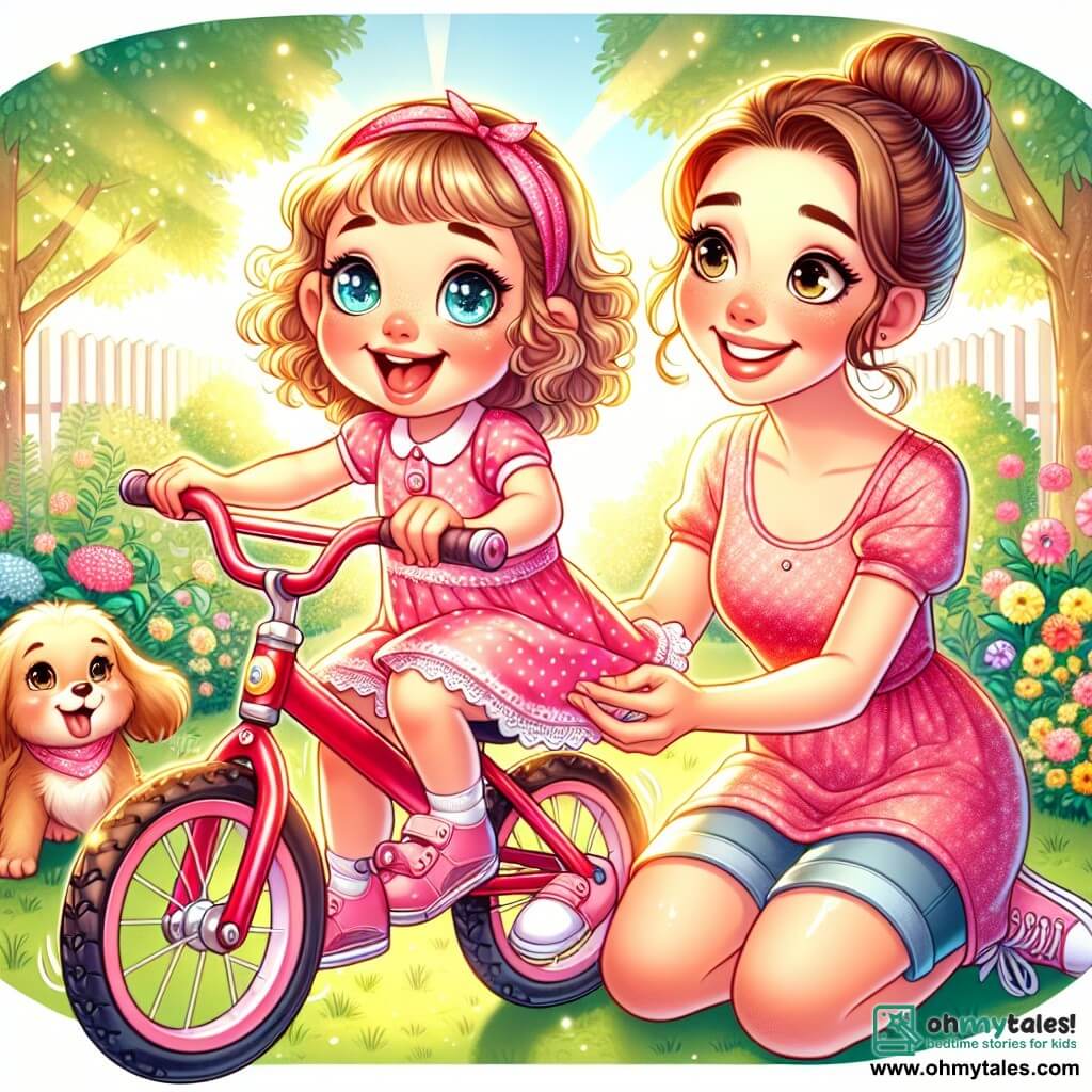 A 3-year-old girl named Lily, with sparkling blue eyes and curly blonde hair, is sitting on her red bike, beaming with a big smile. She wears a pink polka dot dress with shiny buttons, and her expression shows immense joy and pride as she prepares to pedal. Next to her is her mom, a woman in her thirties with brown hair in a bun and a warm smile. She is kneeling, holding the bike to help her daughter, her gaze full of encouragement. The setting is a sunny garden filled with colorful flowers and lush trees, with sunlight filtering through the leaves onto the well-maintained lawn. The main scene shows Lily, full of determination, starting to pedal on her own, with her mom by her side ready to support her. Max, the dog, is joyfully running around them, adding a touch of happiness to this scene full of confidence and adventure.