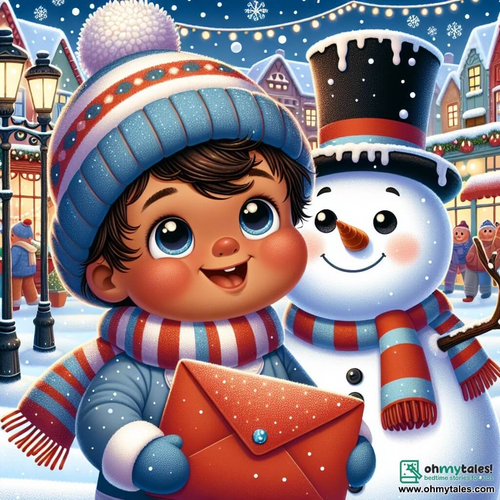 A one-year-old boy named Max, with round cheeks and sparkling eyes, stands in the snow holding a large shiny red envelope in his small hands. He wears a blue wool hat and a striped scarf, his face radiating excitement and determination. Next to him, a cheerful snowman with a top hat and a red scarf smiles, its branch arms open as if encouraging Max. In the background, a lively street is decorated with twinkling lights and colorful garlands, featuring wooden houses with snowy roofs. Snowflakes gently fall, creating a magical Christmas atmosphere. Max, with a big smile, is ready to give his letter to Santa, full of enthusiasm and hope, while the snowman encourages him kindly.