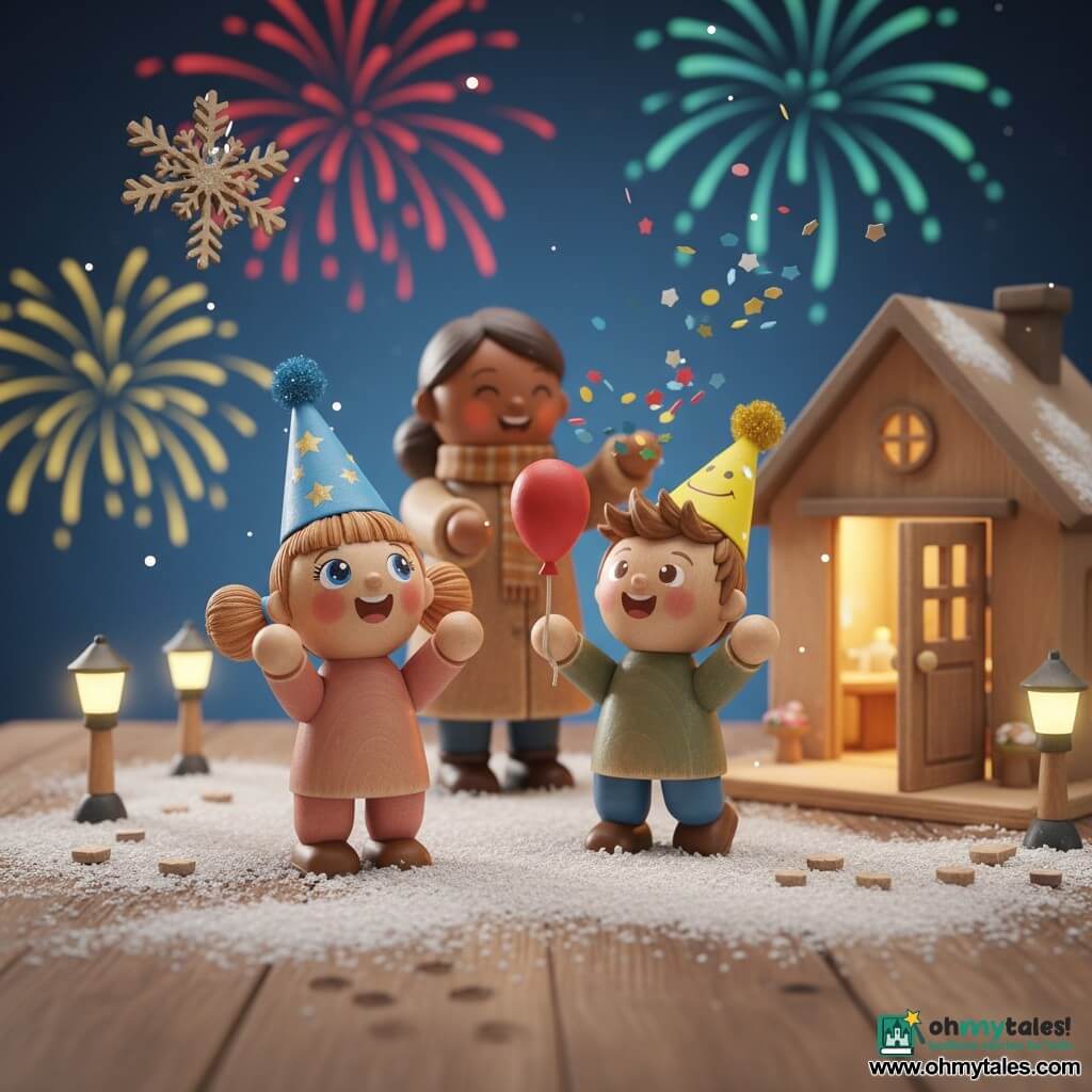 A delighted 4-year-old girl with bright eyes and rosy cheeks, short light-brown pigtails, wearing a blue party hat with star stickers and glitter, reaches up to catch snowflakes while smiling; her 4-year-old friend, a boy with tousled brown hair and a yellow hat with a painted smile, holds a red balloon and watches fireworks beside her; a mother in her 30s stands by an ajar door in a warm coat and scarf, tossing confetti and smiling; the nighttime snowy scene is a miniature hand-painted wooden diorama on a table with textured white snow, tiny lampposts, carved footprints and a blue gradient sky bursting with multicolored fireworks, warmed by house light and firework sparks, vivid colors and visible wood grain.