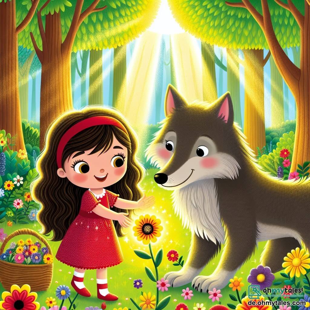 Ein kleines Mädchen von 4 Jahren namens Mina steht in einer sonnigen Lichtung, umgeben von bunten Blumen. Sie hat lange braune Haare, neugierige Augen und trägt ein rotes Kleid mit weißen Punkten. Mina lächelt fröhlich und hält einen kleinen Korb voller Blumen in den Armen. Neben ihr sitzt ein großer grauer Wolf mit sanften, traurigen Augen. Er kniet und schaut Mina dankbar an, während ein goldener Schimmer von einer magischen Blume zu seinen Füßen ausgeht. Die Lichtung ist von großen Bäumen mit dicken Stämmen und leuchtend grünen Blättern umgeben, und die Sonne filtert durch die Äste und erzeugt tanzende Schatten auf dem Boden. Die Hauptsituation zeigt Mina und den Wolf, vereint in einem Moment der Verbundenheit, während sie gemeinsam die wunderschöne goldene Blume entdecken, die die Macht hat, den Fluch des Wolfs zu brechen.