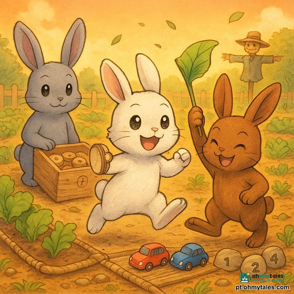O personagem principal é Nuno, um pequeno coelho branco de orelhas curtas, pelo ligeiramente sujo, olhos brilhantes e sorriso entusiasmado, segurando um pequeno chocalho-apito enquanto salta de alegria; a irmã mais velha Lila é uma coelha cinza de orelhas longas, postura orgulhosa e sorriso suave, a guardar peças numeradas numa caixa de madeira; o irmão do meio Kiko é um coelho castanho vivo, olhar travesso, acenando uma pequena bandeira feita de folha de couve e fazendo uma reverência cômica a uma cenoura torta; à volta, carrinhos de brinquedo coloridos estão alinhados numa pista de tábuas e cordões, com uma mini-ponte de casca e pedras numeradas; o jardim tem luz dourada ao pôr do sol, canteiros de alface e quadrados de cenoura, um banco de madeira gasto e um espantalho de chapéu inclinado ao fundo; a cena principal mostra os três celebrando depois de arrumarem o circuito — risos, danças e gestos de ajuda, folhas a esvoaçar e texturas de terra e madeira bem marcadas; estilo gráfico: traços manga suaves, cores quentes e saturadas, expressões acentuadas e detalhes lúdicos com texturas visíveis.