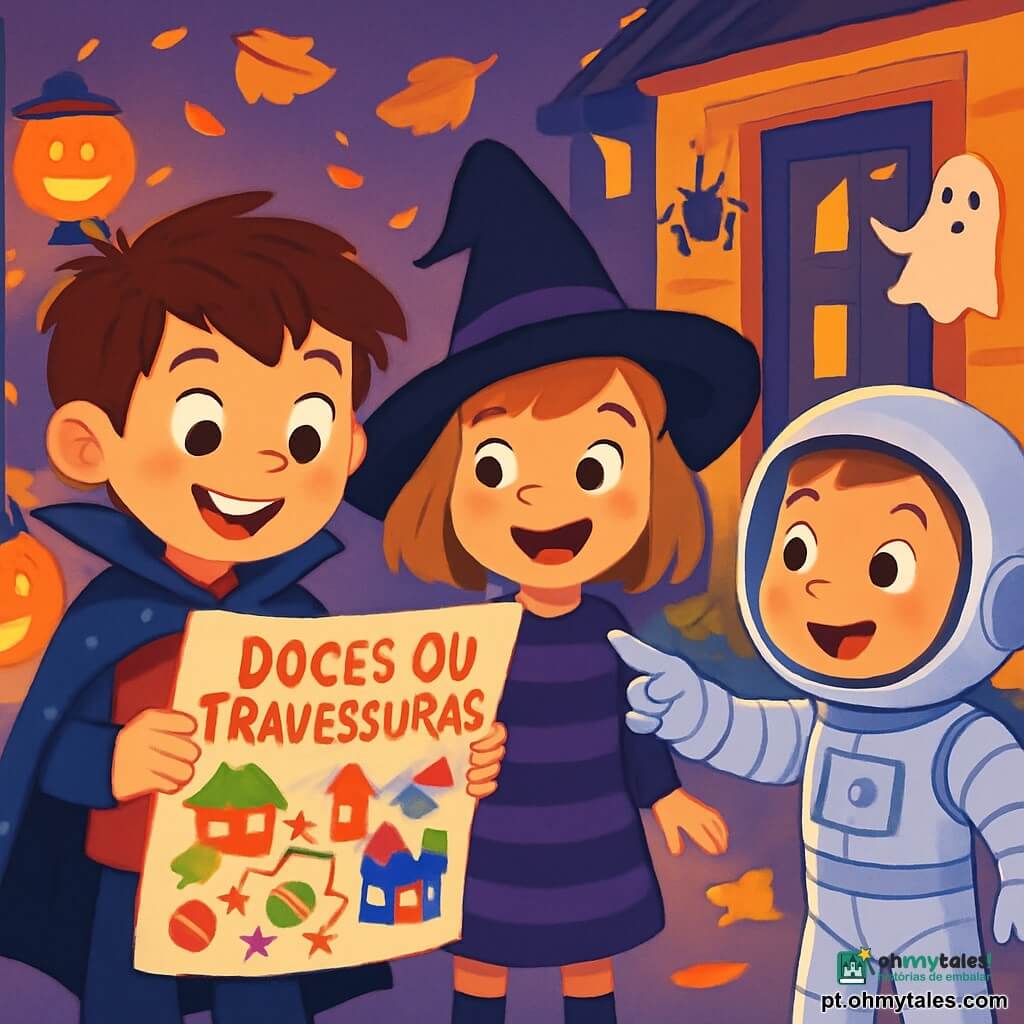 Um garoto de 6 anos, com cabelos castanhos bagunçados e olhos brilhantes de curiosidade, usa uma capa de vampiro com bolinhas azuis. Ele sorri entusiasticamente, segurando um grande pedaço de papel colorido, um mapa de "doces ou travessuras", nas mãos. Ao seu lado, uma menina de 6 anos, Clara, vestida de bruxinha com um grande chapéu preto e um vestido listrado roxo, observa o mapa com um olhar de empolgação. Um garoto de 6 anos, Tomás, vestido com um traje de astronauta prateado, aponta para uma casa decorada com aranhas e fantasmas de papel, com um sorriso cúmplice. O cenário é uma rua movimentada de Halloween, iluminada por lanternas laranjas e abóboras sorridentes, com folhas de outono rodopiando no ar. As casas estão adornadas com decorações assustadoras, criando uma atmosfera festiva e misteriosa. A cena mostra o grupo de amigos planejando sua aventura de "doces ou travessuras", cercados por luzes cintilantes e risadas, prontos para explorar as casas decoradas e coletar guloseimas.