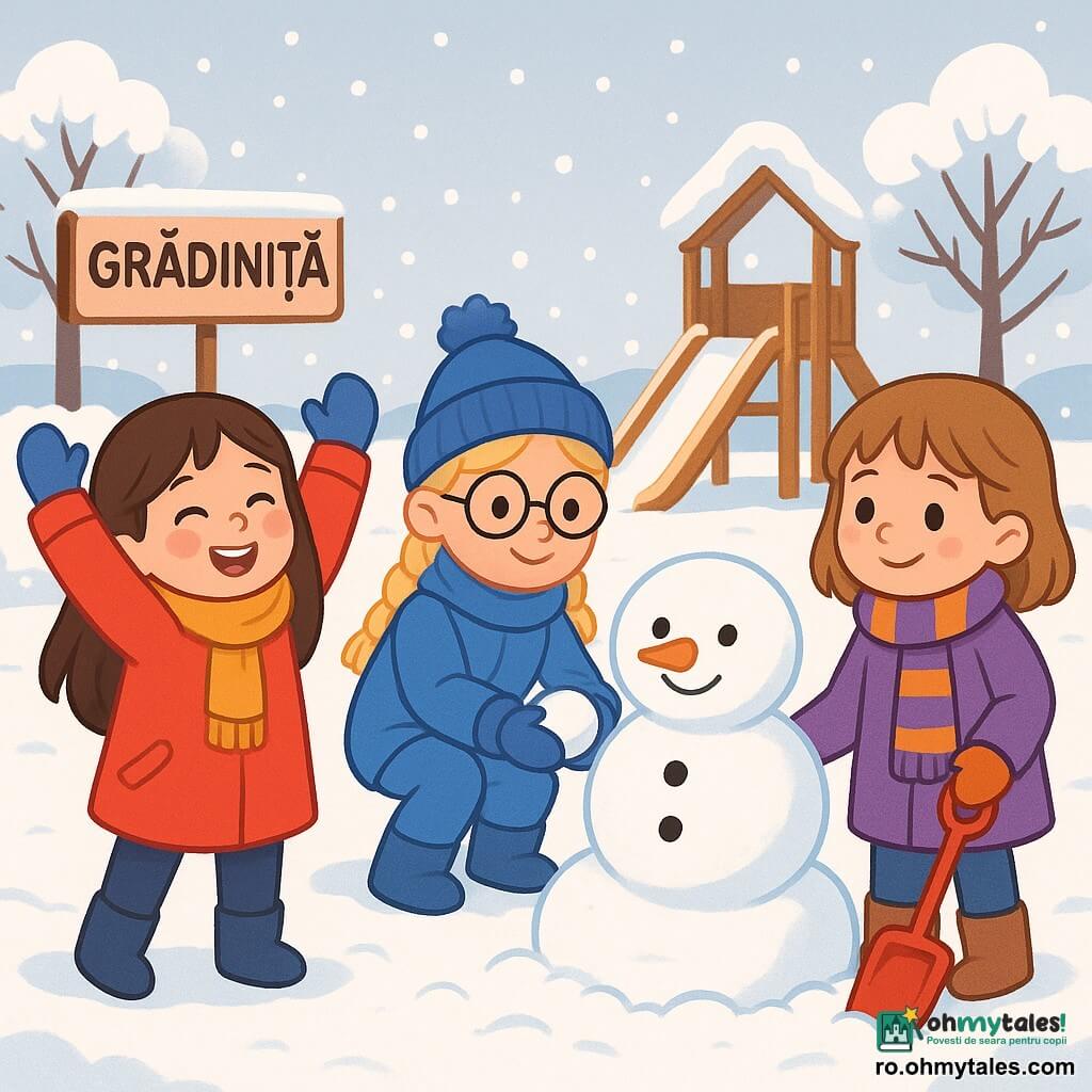 Există 3 personaje: - Mara: o fetiță de 6 ani, cu părul lung și brunet și obrajii roșii de frig. Poartă o haină roșie aprinsă și o eșarfă galbenă din lână. Zâmbește, cu brațele ridicate, în mijlocul zăpezii. - Ioana: o fetiță de 6 ani, cu părul blond împletit și ochelari rotunzi. Este îmbrăcată într-o combinație de schi albastră și poartă o căciulă cu pompon. Este așezată, ținând o bulă de zăpadă în mâini, pregătită să o arunce. - Sofia: o fetiță de 6 ani, cu părul castaniu și ochii sclipitori. Poartă o haină violet și o eșarfă cu dungi. Stă în picioare lângă Mara, ținând o mică lopată pentru a construi un om de zăpadă. Locul se desfășoară într-o curte de grădiniță, acoperită cu un strat gros de zăpadă albă și strălucitoare. Copacii cu crengi încărcate de zăpadă înconjoară spațiul, iar un cer mare de un gri deschis lasă să cadă mici fulgi de zăpadă. În fundal, se vede un tobogan din lemn, de asemenea acoperit de zăpadă. Situația principală arată cele trei prietene construind un om de zăpadă. Mara și Sofia râd împreună, în timp ce Ioana, concentrată, modelează bula de zăpadă. Atmosfera este veselă și plină de camaraderie, cu râsete care răsună în aerul rece.