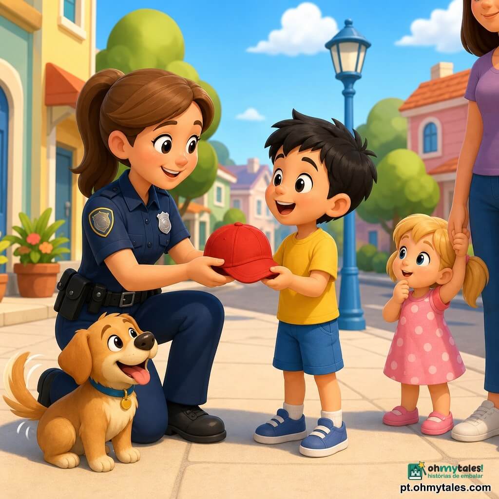 Policial feminina sorridente e amável, expressão suave e olhos brilhantes, cabelo castanho claro em rabo de cavalo, farda azul‑marinho com distintivo prateado, oferecendo um chapéu vermelho a um menino de ~6 anos de cabelos pretos curtos, camiseta amarela e bermuda azul, surpreso e depois alegre enquanto segura o chapéu; uma menina de ~4 anos de vestido rosa com bolinhas brancas e cabelos loiros em maria‑chas, segurando a mão de um adulto à direita e observando curiosa; um cão pequeno castanho claro sentado ao lado da policial abanando o rabo; rua de bairro ensolarada com passeio bege, casas em tons pastel, poste azul, árvores arredondadas verdes, chão limpo e plantas em vasos; cena centralizada na policial e na criança, momento caloroso de devolução de um chapéu perdido, ambiente calmo e seguro, cores vivas e contrastantes, iluminação suave e fosca estilo cel‑shading.