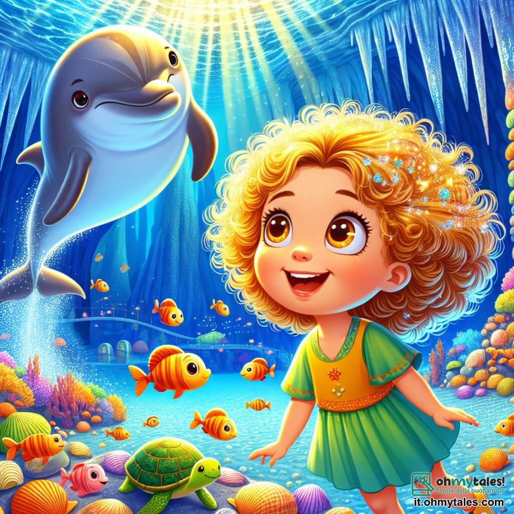 Una bambina di 4 anni, Sofia, con capelli ricci e dorati come i raggi del sole, sorride con meraviglia. I suoi grandi occhi brillanti sono pieni di curiosità e gioia. Sta nuotando in un'acqua cristallina, circondata da pesci colorati che danzano intorno a lei. Accanto a lei, un delfino argentato, gioioso e birichino, salta graziosamente nell'acqua, creando schizzi scintillanti. Più lontano, una grande tartaruga marina verde, saggia e amichevole, nuota lentamente, osservando Sofia con uno sguardo benevolo. Il decor è una magnifica grotta sottomarina, con stalattiti scintillanti e luci blu che illuminano le pareti. Il fondo è tappezzato di conchiglie multicolori e piccole stelle marine, creando un vero tesoro sott'acqua. La scena principale mostra Sofia, il delfino e la tartaruga che scoprono insieme la grotta segreta, piena di meraviglie marine, mentre Sofia ride e si meraviglia della bellezza che la circonda.