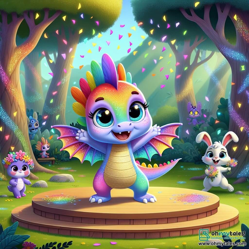 A little dragon named Sparky, with shimmering rainbow-colored scales and sparkling wings, joyfully dances at the center of the stage, his eyes shining with pride and excitement. He blows colorful puffs of confetti that float around him, creating a festive atmosphere. Next to him, his best friend Twinkle, an adorable rabbit with big ears, jumps enthusiastically, his eyes sparkling with joy as he holds a bouquet of wildflowers, adding a touch of magic to Sparky's performance. The setting takes place in the courtyard of Twinklewood School, surrounded by tall trees with shiny leaves that seem to dance to the rhythm of the music. Forest creatures, such as fairies and gnomes, gather with faces illuminated by the golden light of the setting sun. The main scene shows Sparky performing, twirling in the air as colorful confetti bursts around him, creating an enchanting spectacle to celebrate Mother's Day.